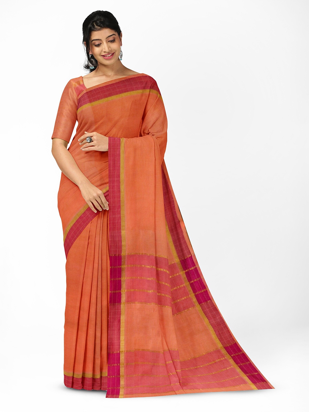 

APCO Checked Zari Pure Cotton Saree, Orange