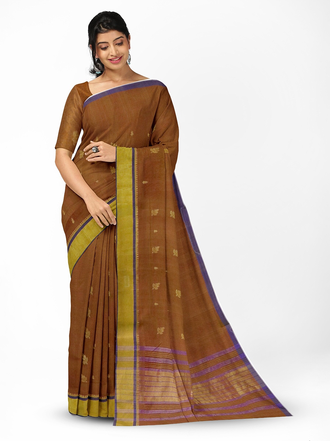 

APCO Floral Zari Pure Cotton Saree, Brown