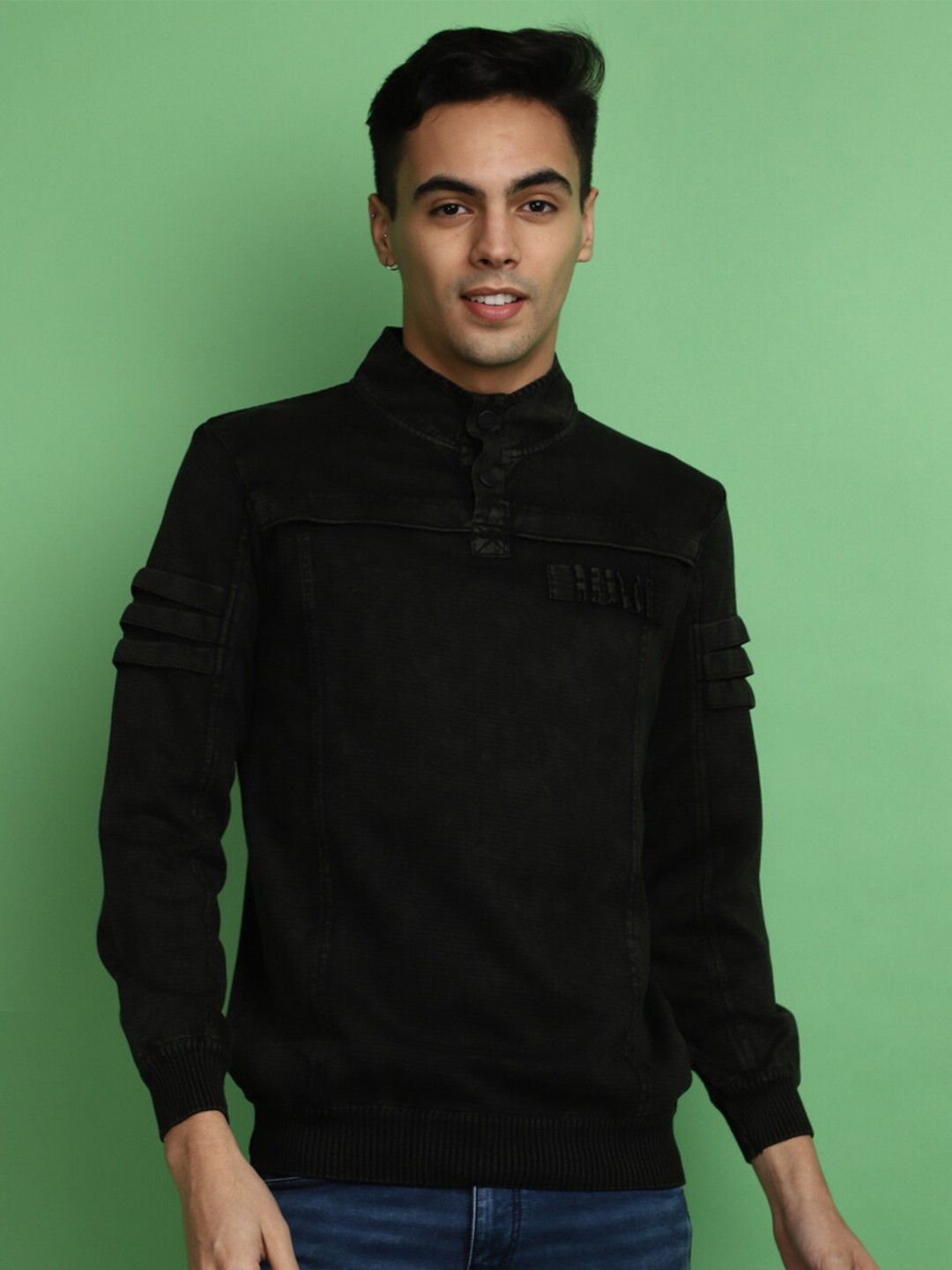

V-Mart Self Design Stand Collar Cotton Pullover Sweatshirt, Green