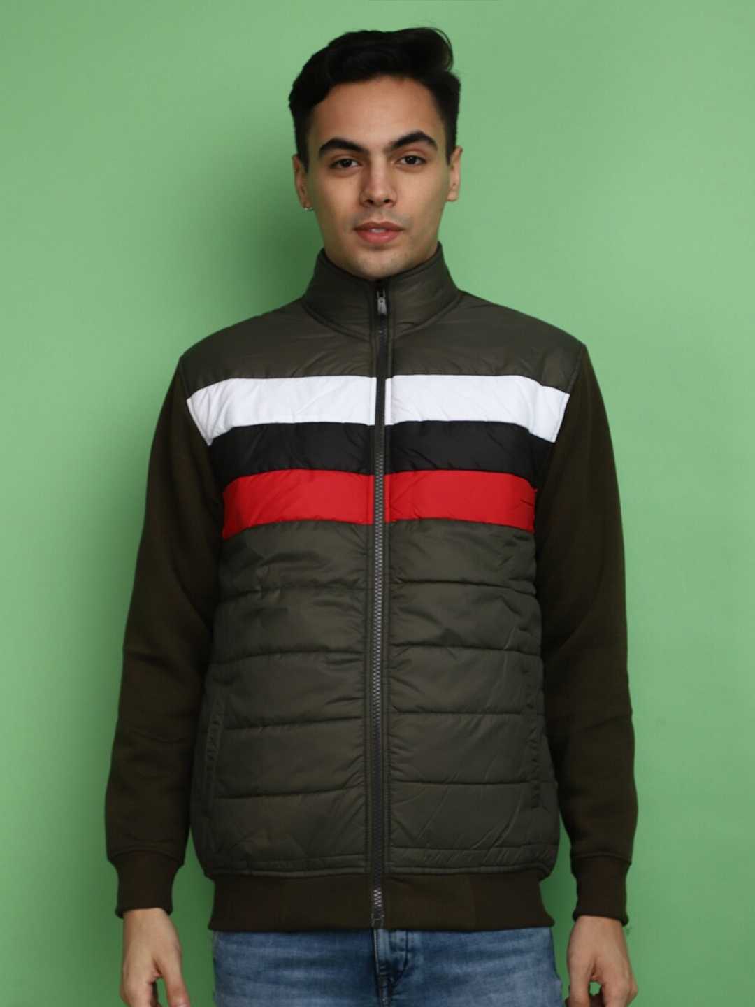 

V-Mart Colourblocked Mock Collar Sweatshirt, Green