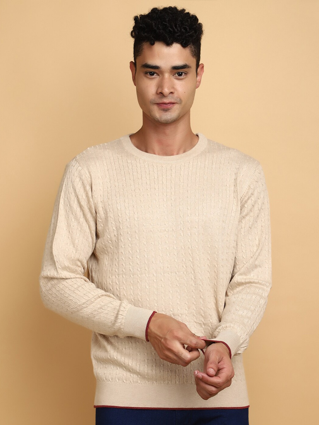 

V-Mart Cable Knit Self Design Cotton Pullover Sweater, Beige