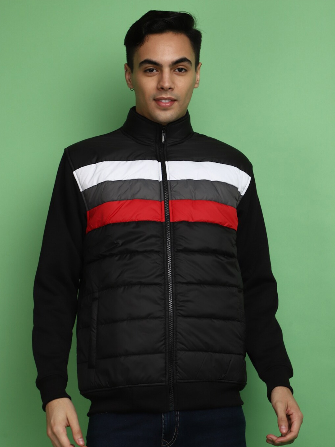 

V-Mart Striped Cotton Fleece Bomber Jacket, Black