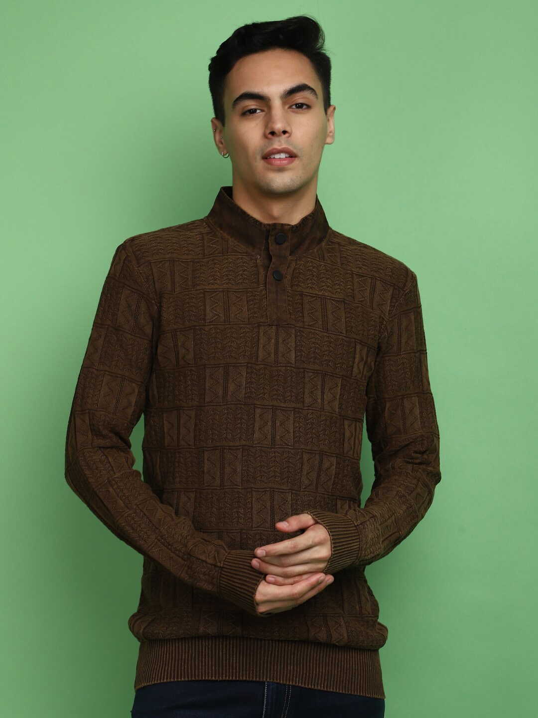 

V-Mart Cable Knit Self Design Mock Collar Cotton Pullover Sweater, Brown