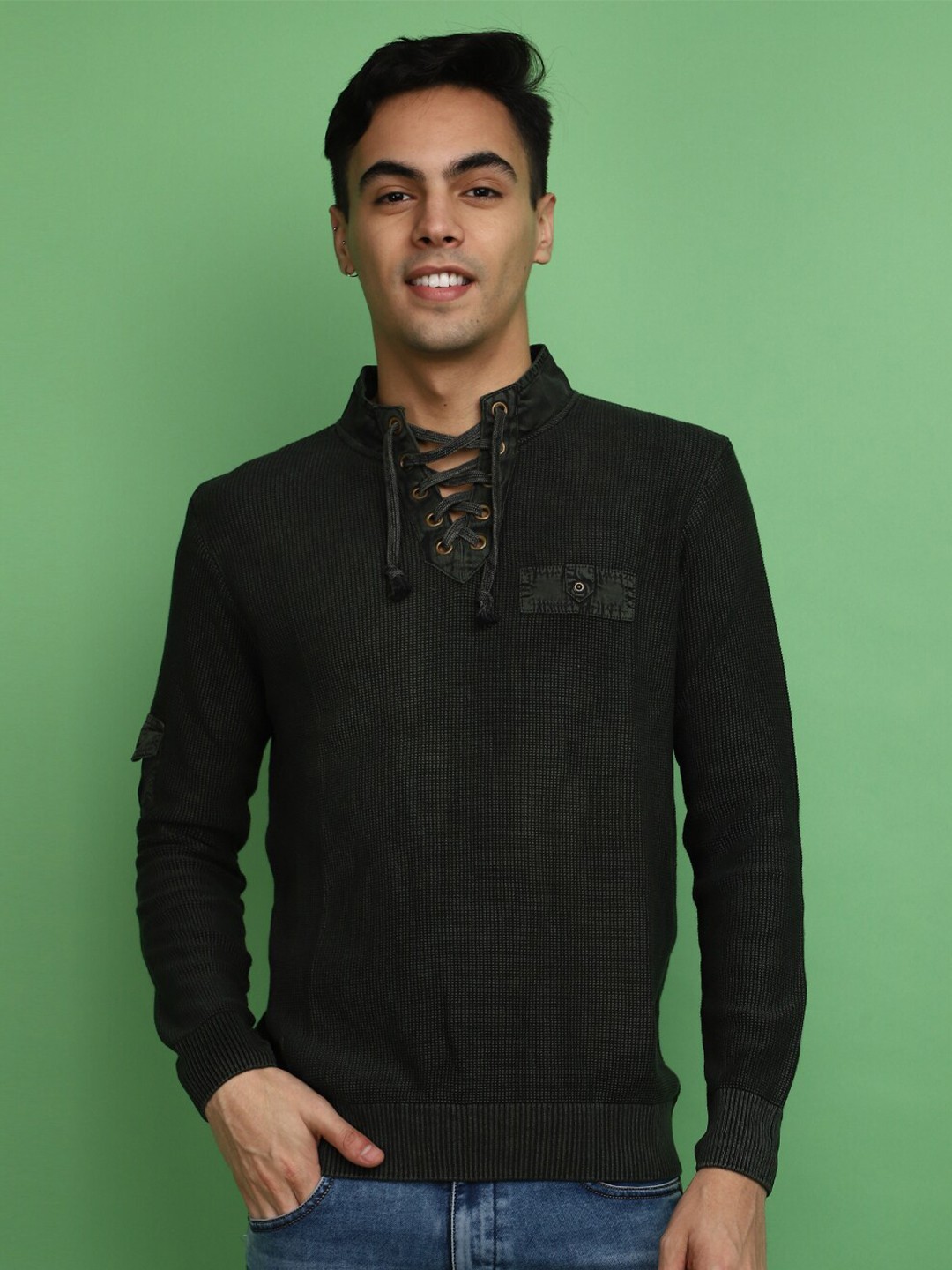 

V-Mart Henley Neck Cotton Sweatshirt, Green