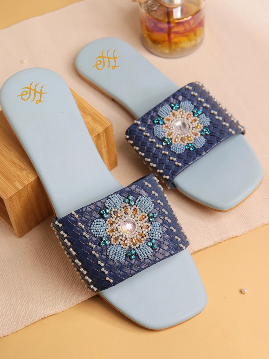 

House of Pataudi Embroidered Open Toe Flats, Navy blue