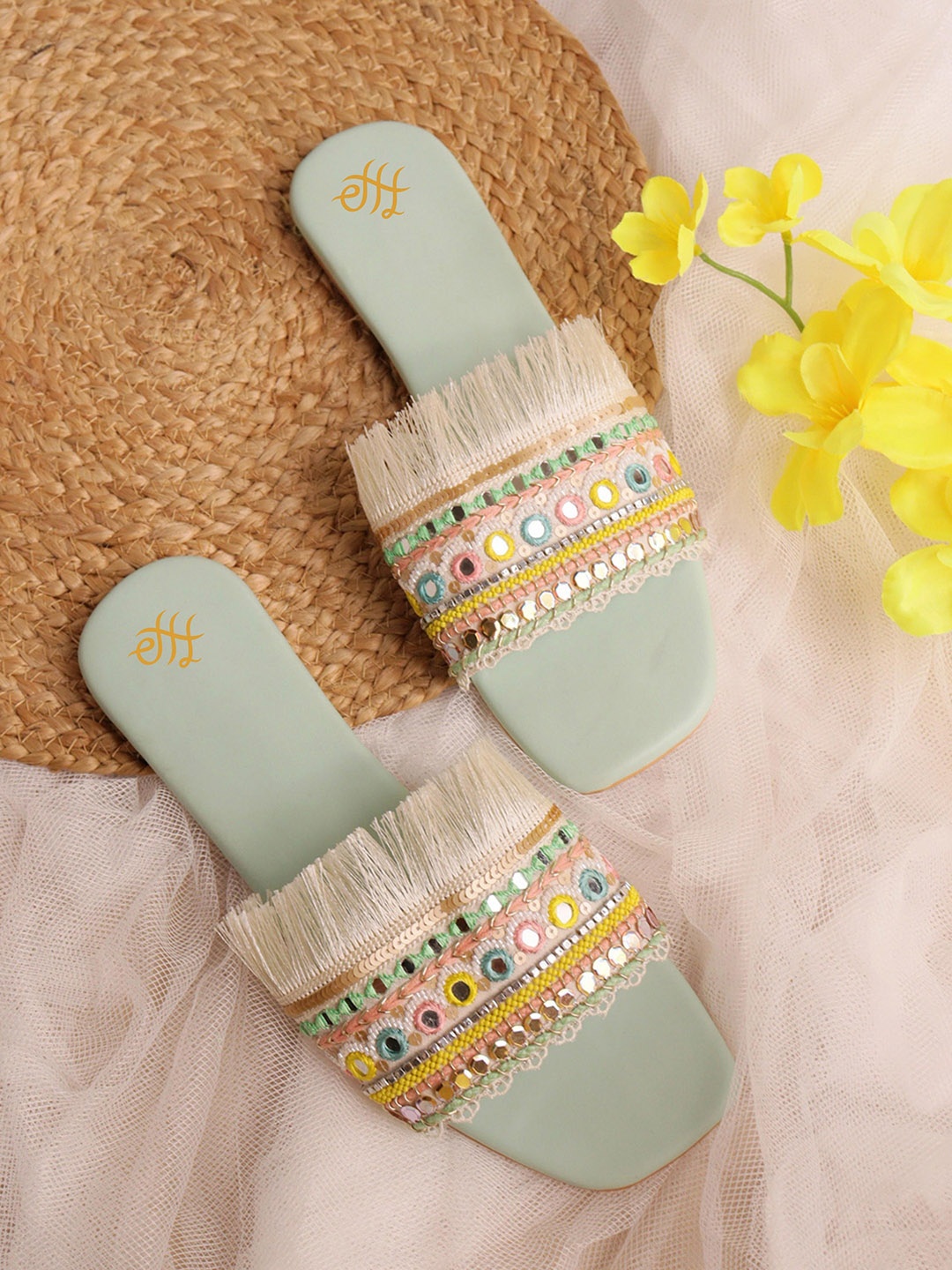 

House of Pataudi Ethnic Embroidered Fabric Open Toe Flats, Gold