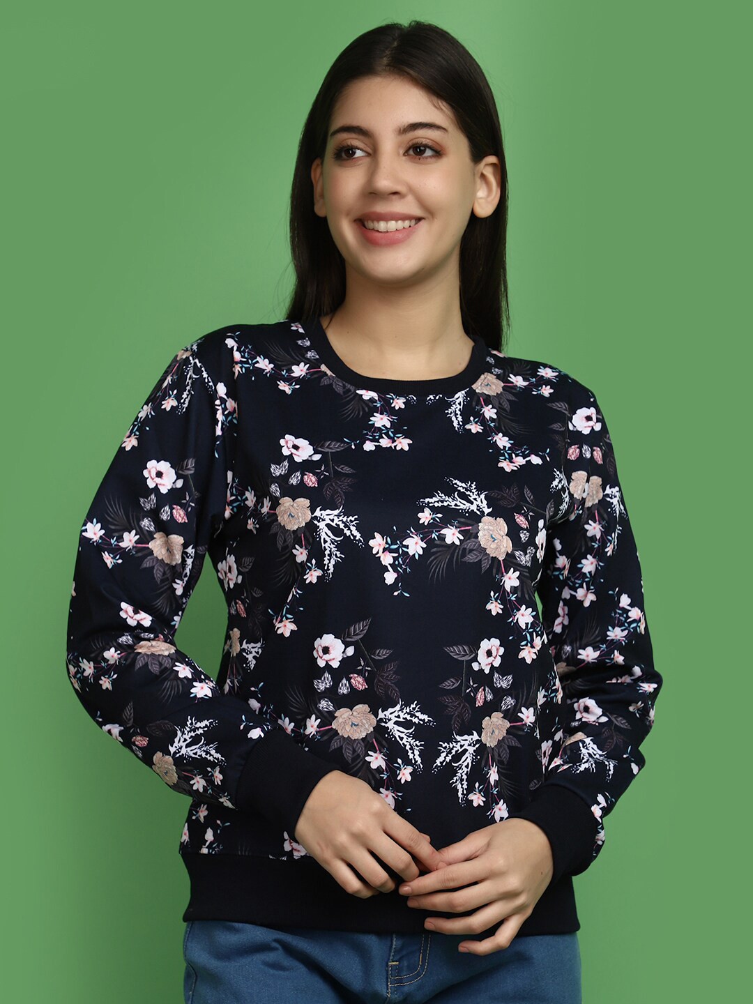 

V-Mart Floral Printed Fleece Sweatshirt, Navy blue