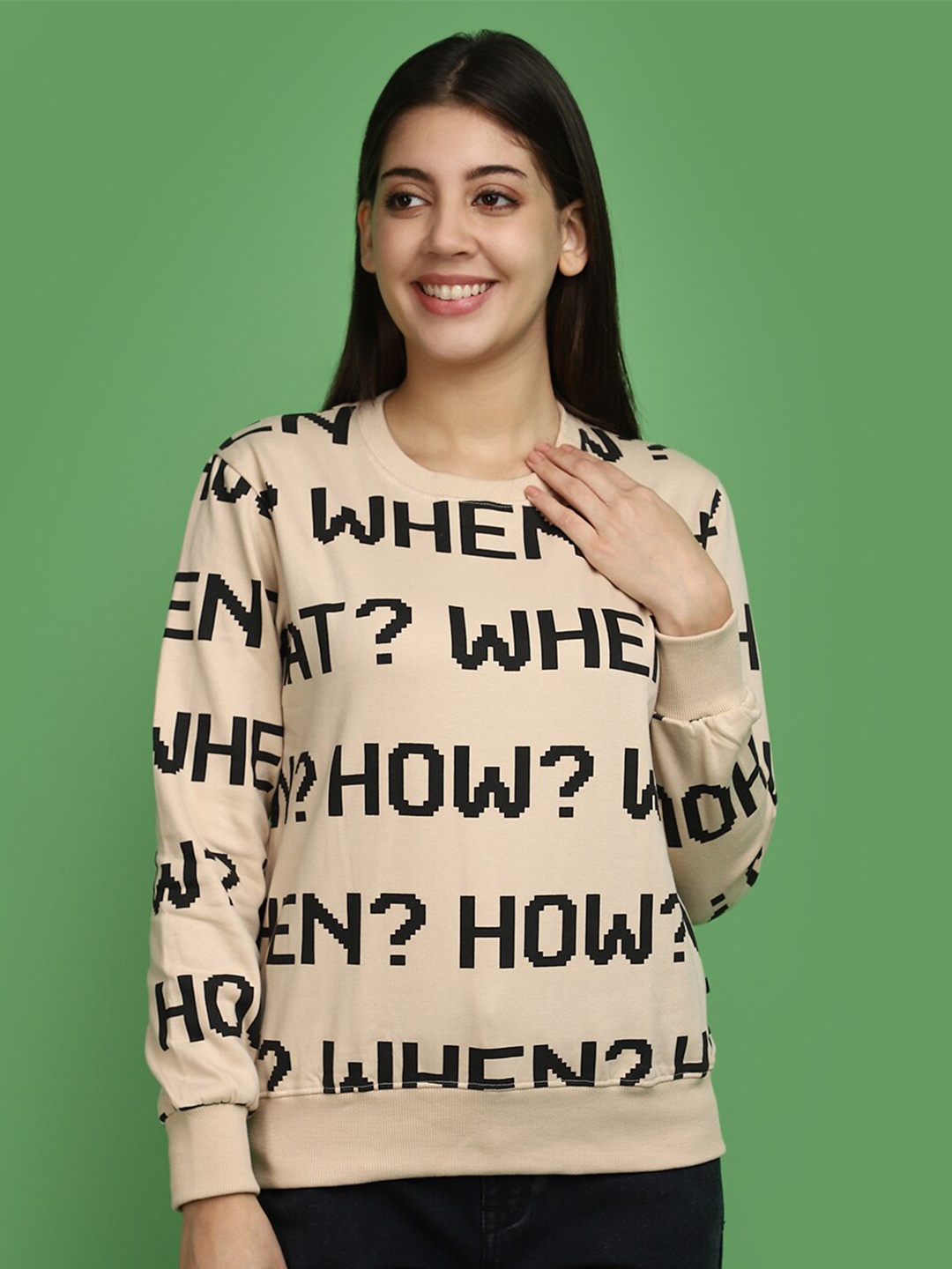 

V-Mart Typography Printed Round Neck Cotton Sweatshirt, Beige