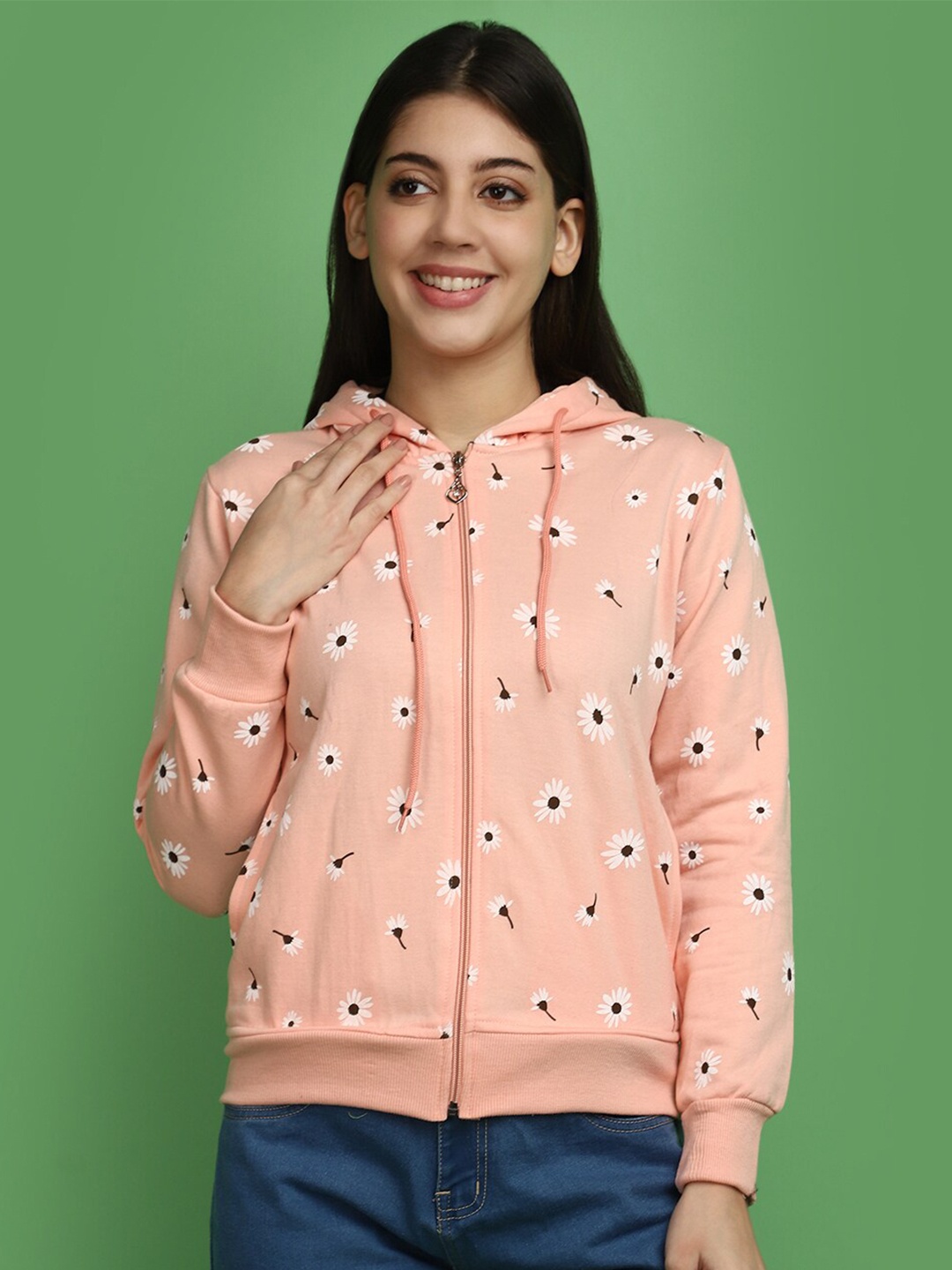 

V-Mart Floral Printed Hooded Cotton Front-Open Sweatshirt, Pink