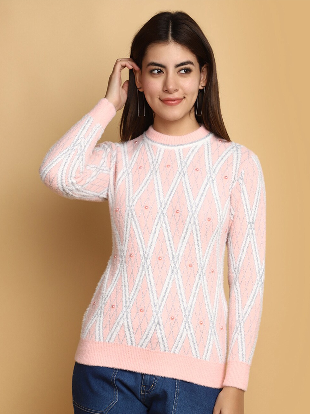 

V-Mart Geometric Self Design Round Neck Embellished Cotton Sweatshirt, Pink