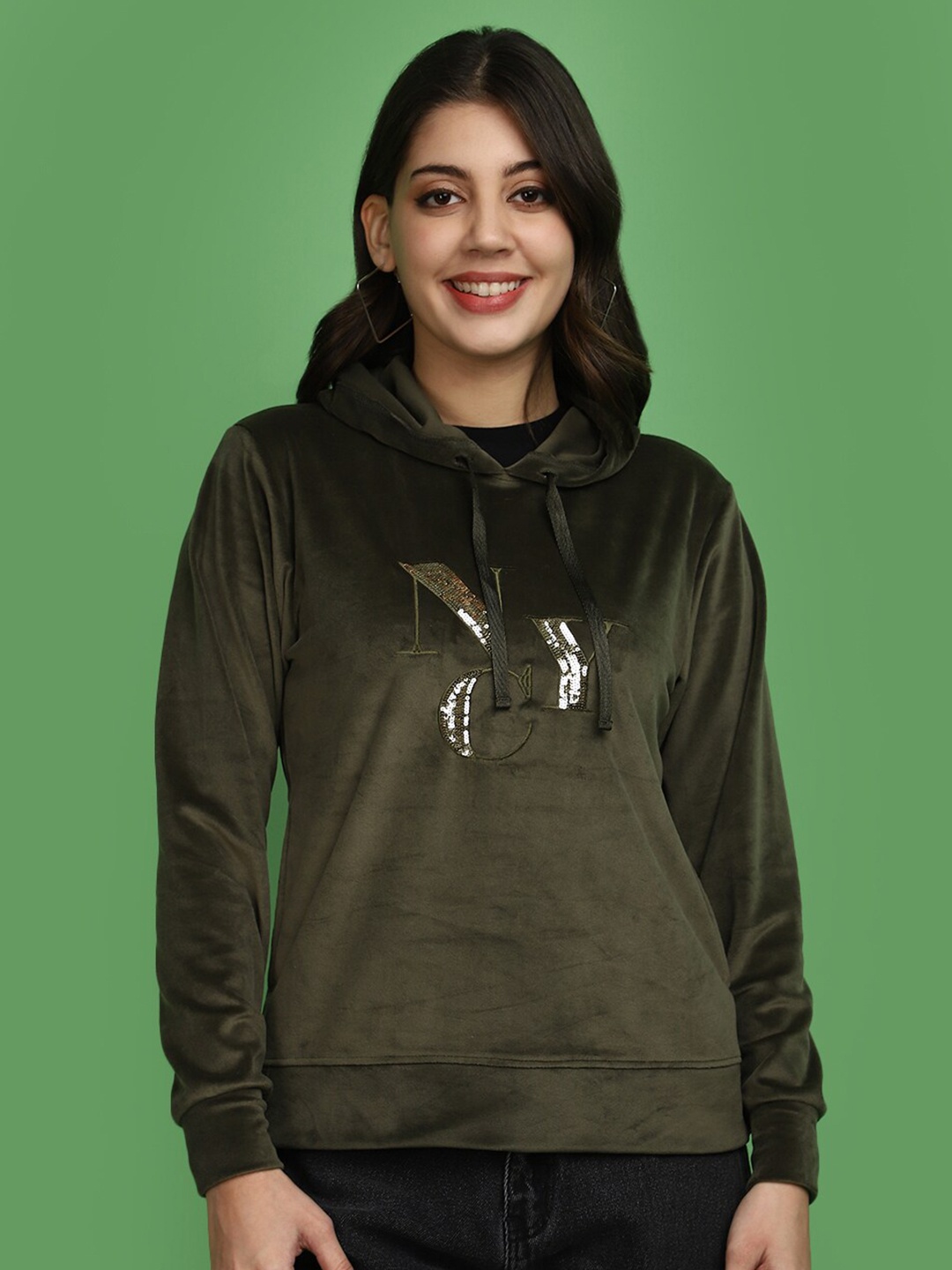 

V-Mart Typography Embroidered Hooded Embellished Cotton Sweatshirt, Green