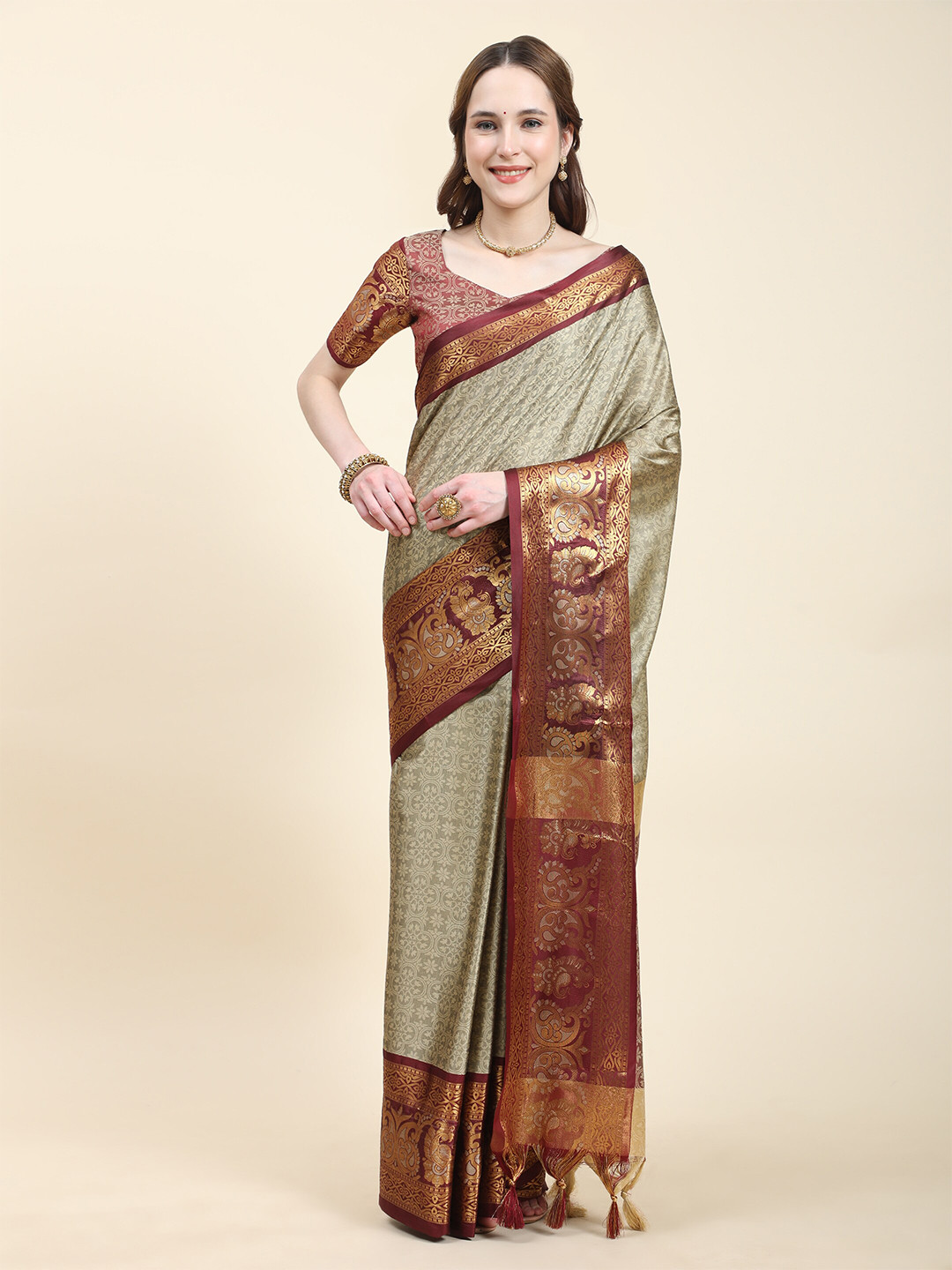 

ZIBLON Woven Design Art Silk Kanjeevaram Saree, Cream