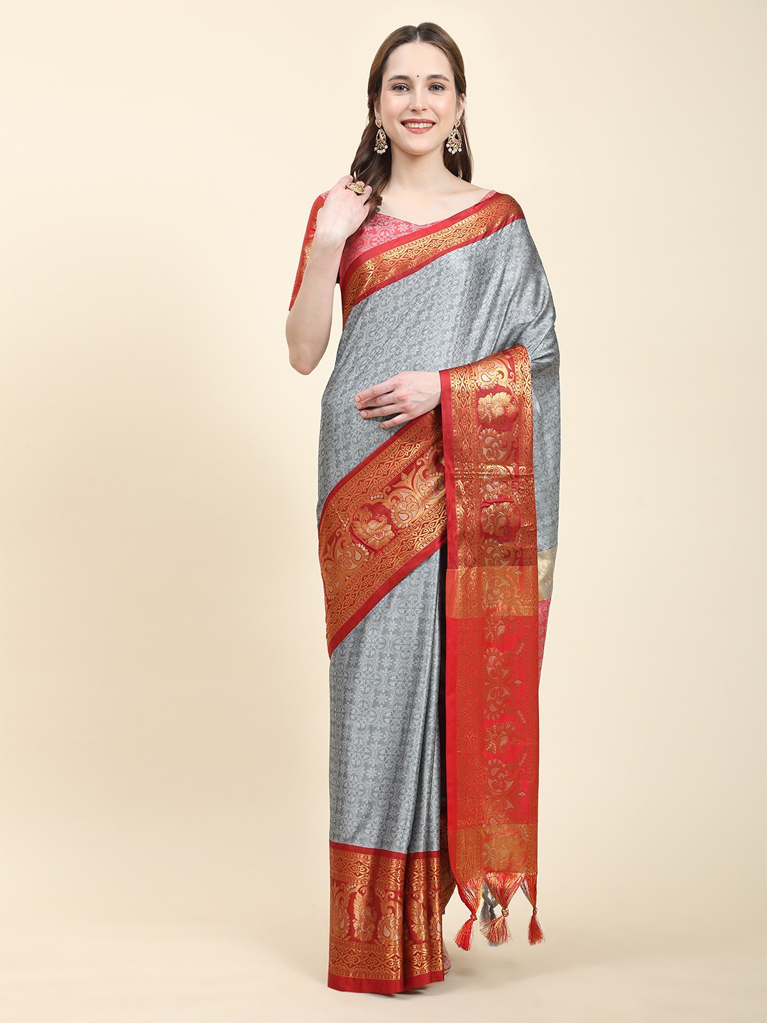 

ZIBLON Woven Design Art Silk Kanjeevaram Saree, Grey