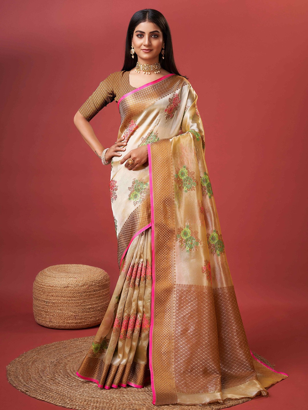 

ZIBLON Woven Design Art Silk Kanjeevaram Saree, Cream