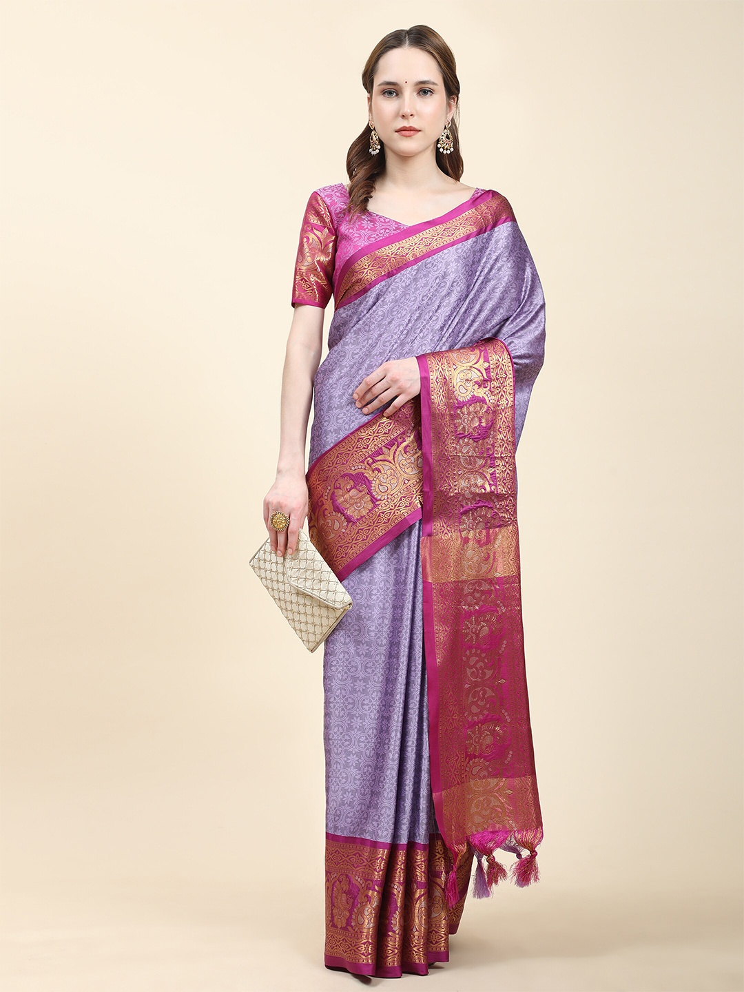 

ZIBLON Woven Design Art Silk Kanjeevaram Saree, Purple