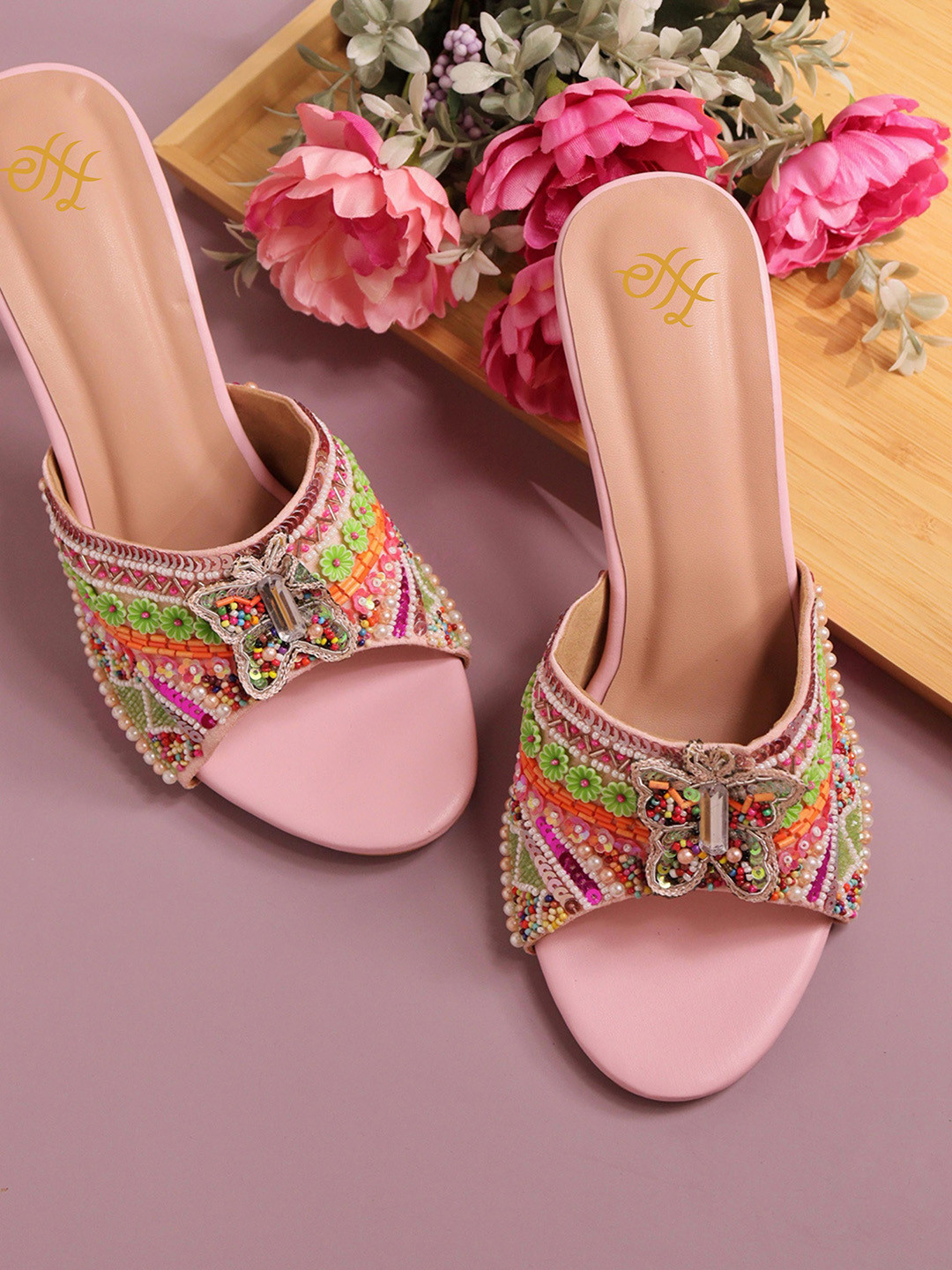 

House of Pataudi Open Toe Ethnic Embellished Slim Heels, Pink