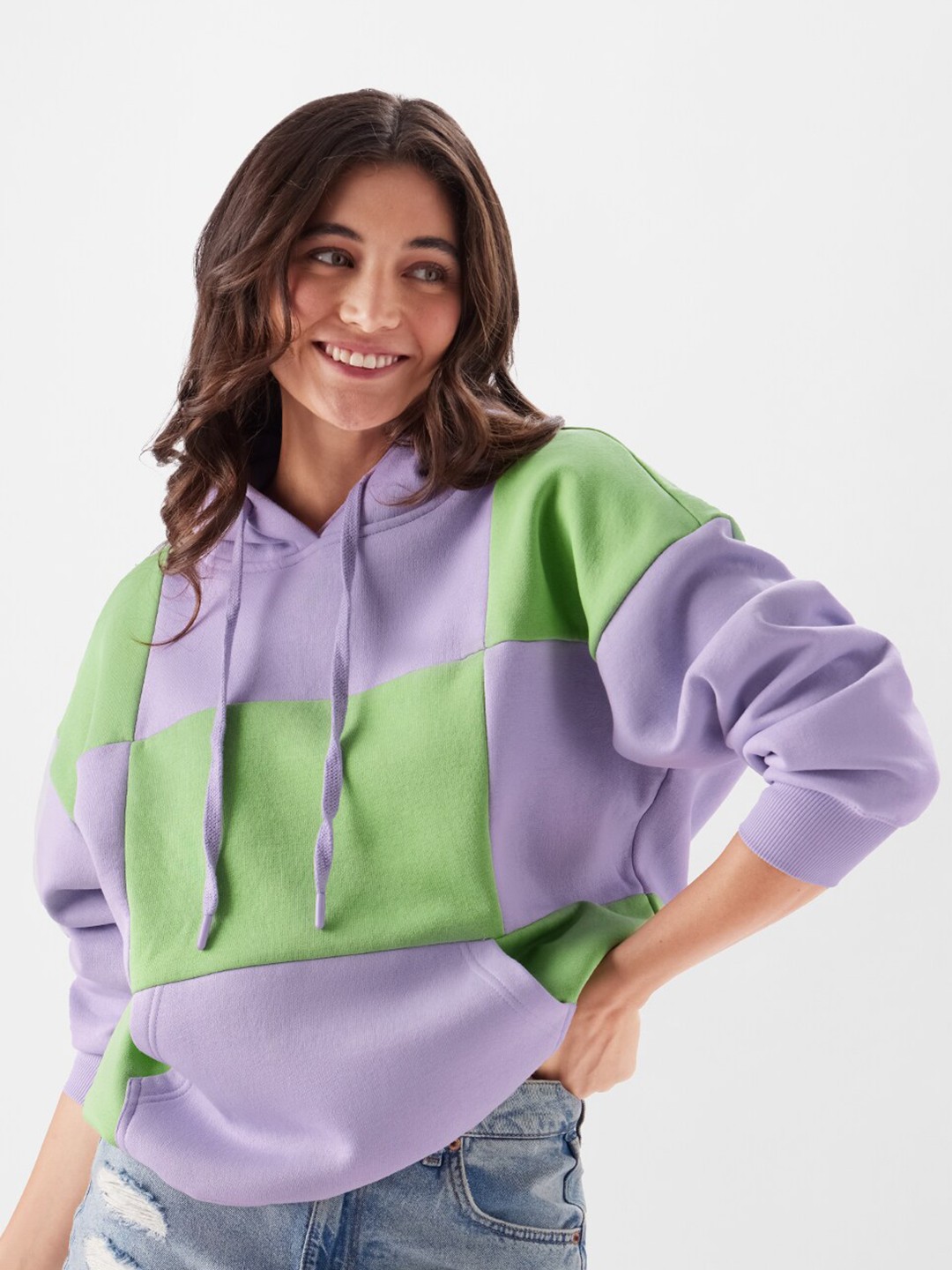 

The Souled Store Colourblocked Hooded Drop Shoulder Oversized Pullover Sweatshirt, Lavender