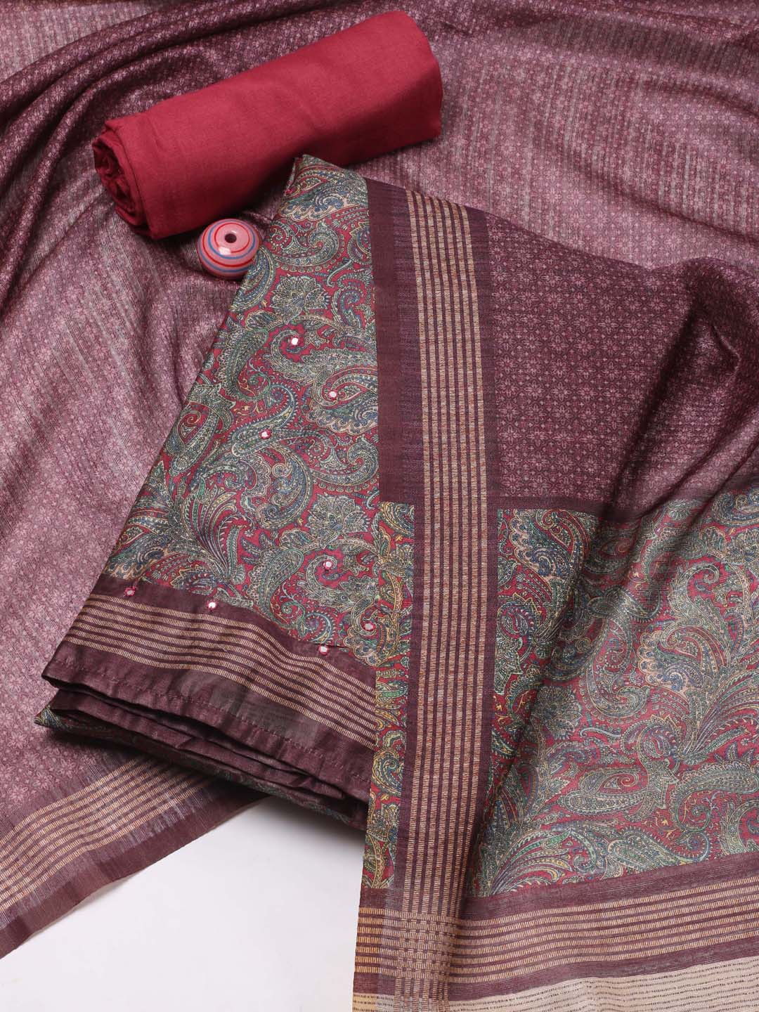 

Meena Bazaar Paisley Printed Mirror Work Art Silk Unstitched Dress Material, Burgundy