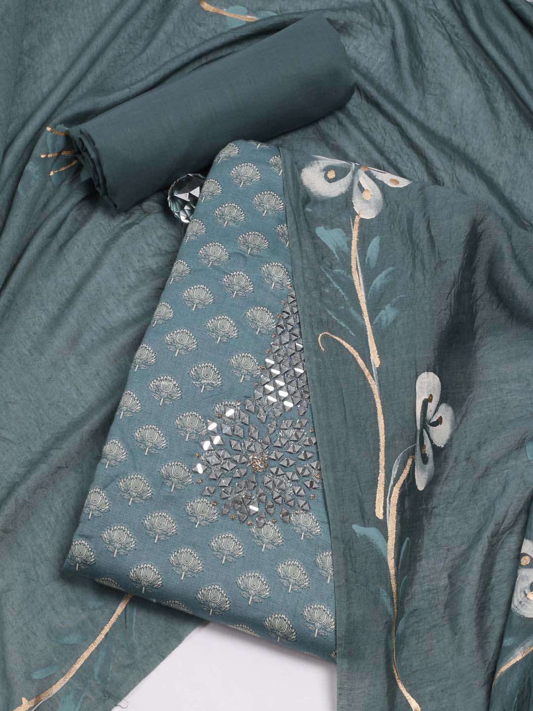 

Meena Bazaar Floral Printed Mirror Work Pure Cotton Unstitched Dress Material, Grey