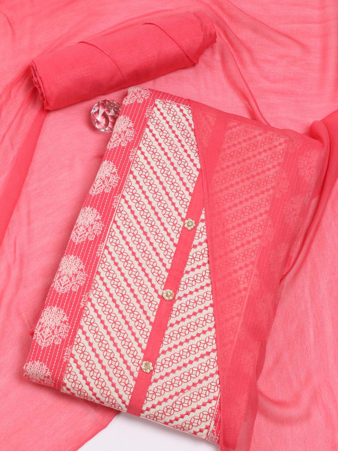 

Meena Bazaar Floral Printed Unstitched Dress Material, Pink