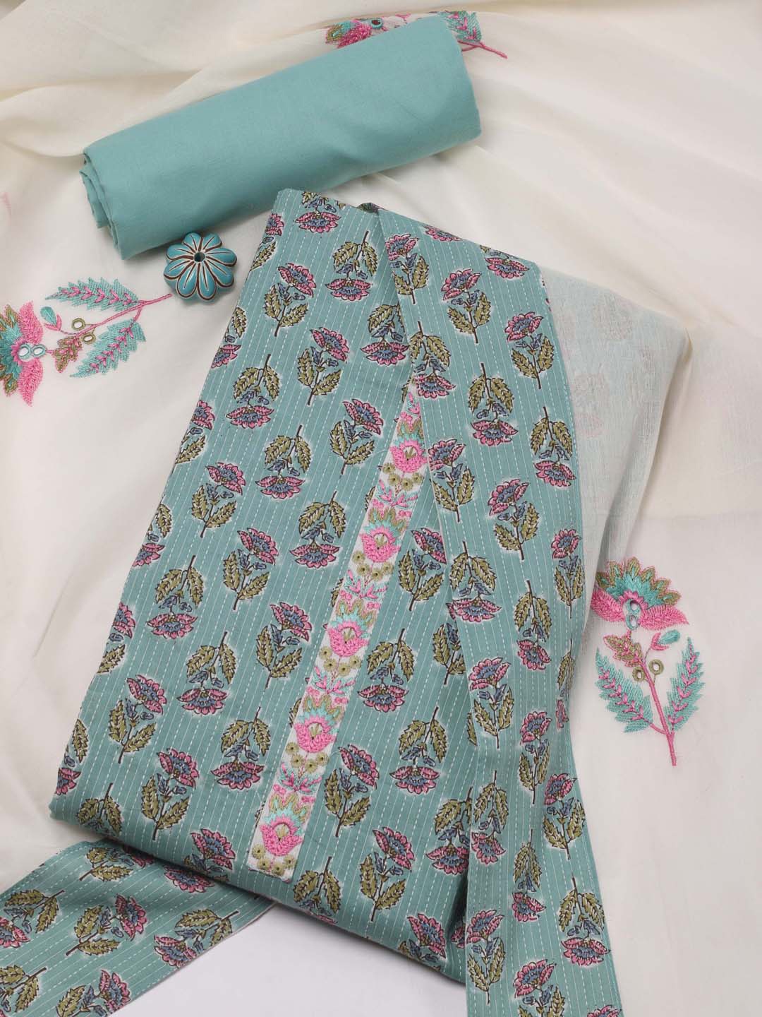 

Meena Bazaar Floral Printed Unstitched Dress Material, Blue