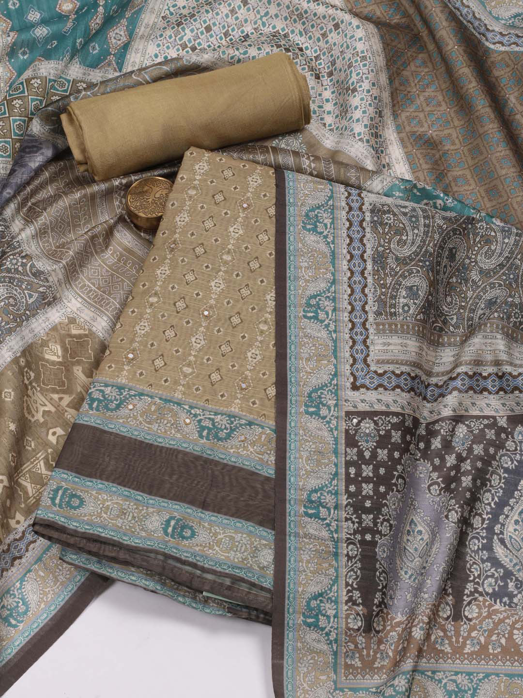 

Meena Bazaar Ethnic Motifs Printed Unstitched Dress Material, Green