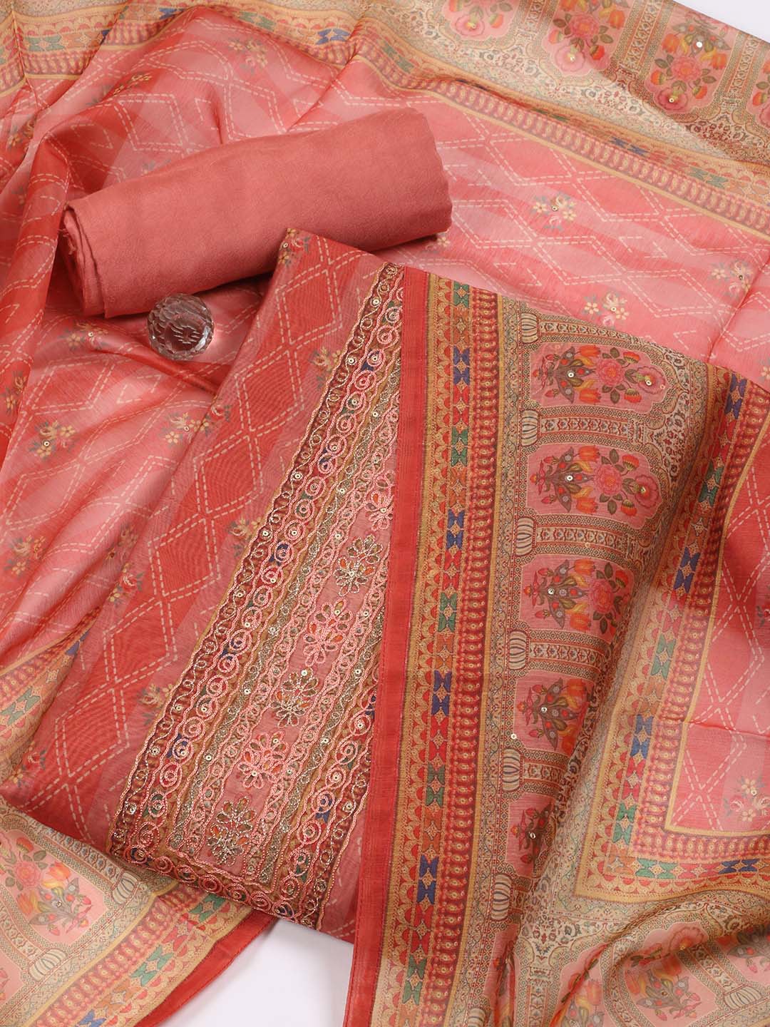 

Meena Bazaar Ethnic Motifs Printed Sequinned Unstitched Dress Material, Peach