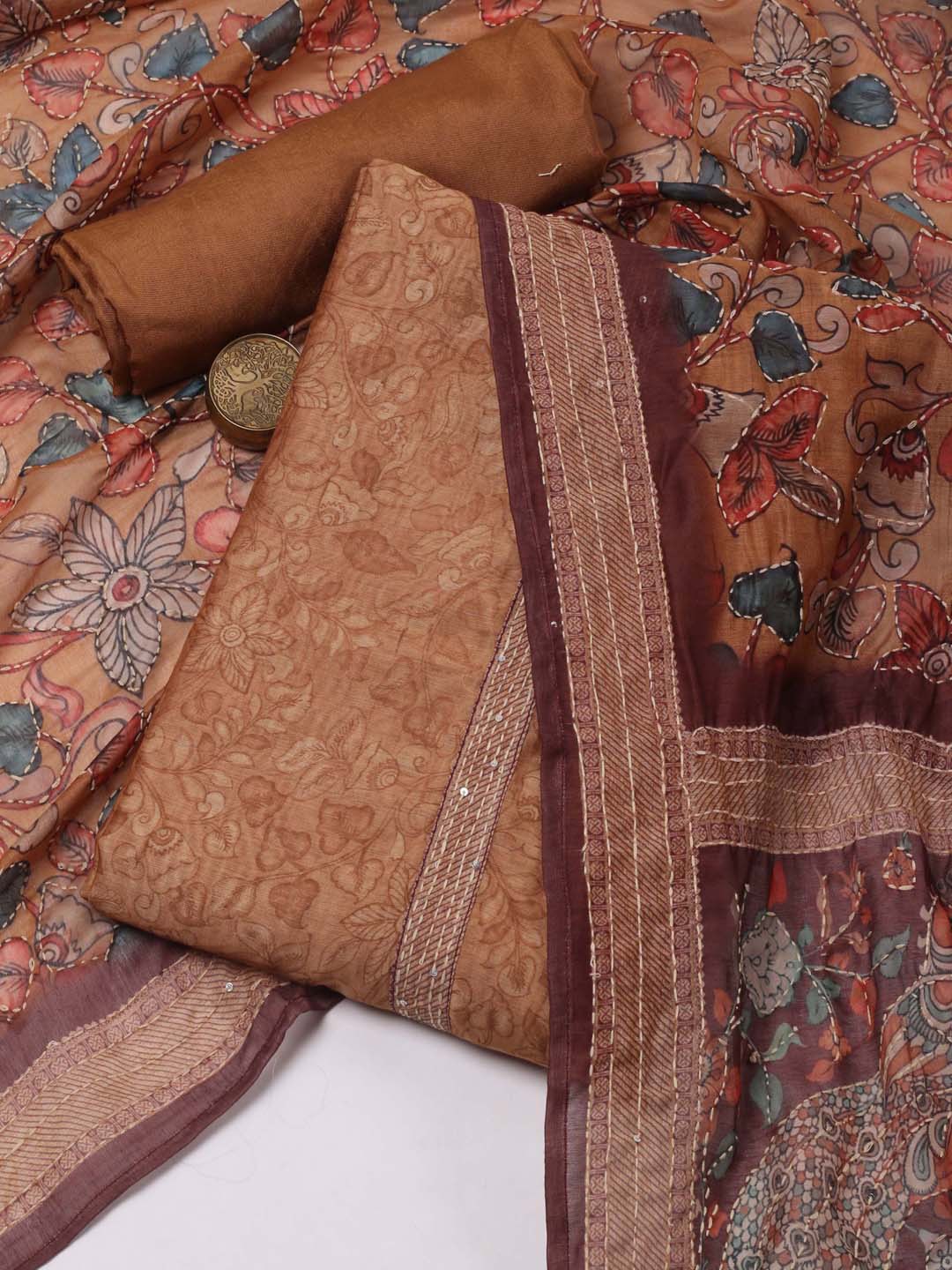 

Meena Bazaar Ethnic Motifs Printed Unstitched Dress Material, Brown