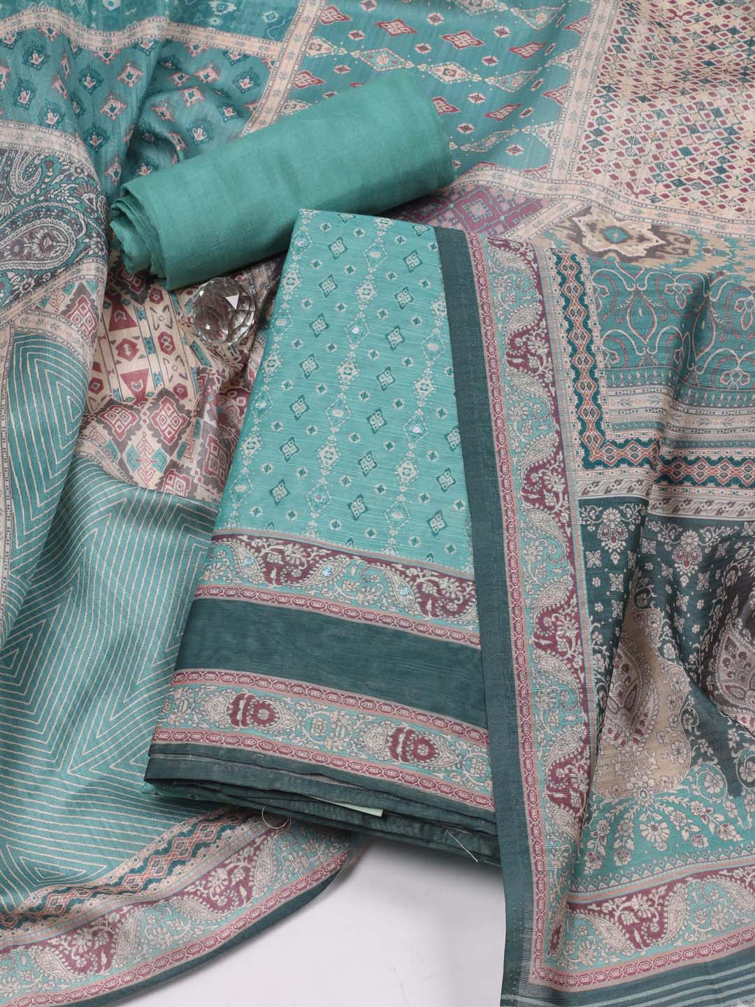 

Meena Bazaar Ethnic Motifs Printed Unstitched Dress Material, Sea green