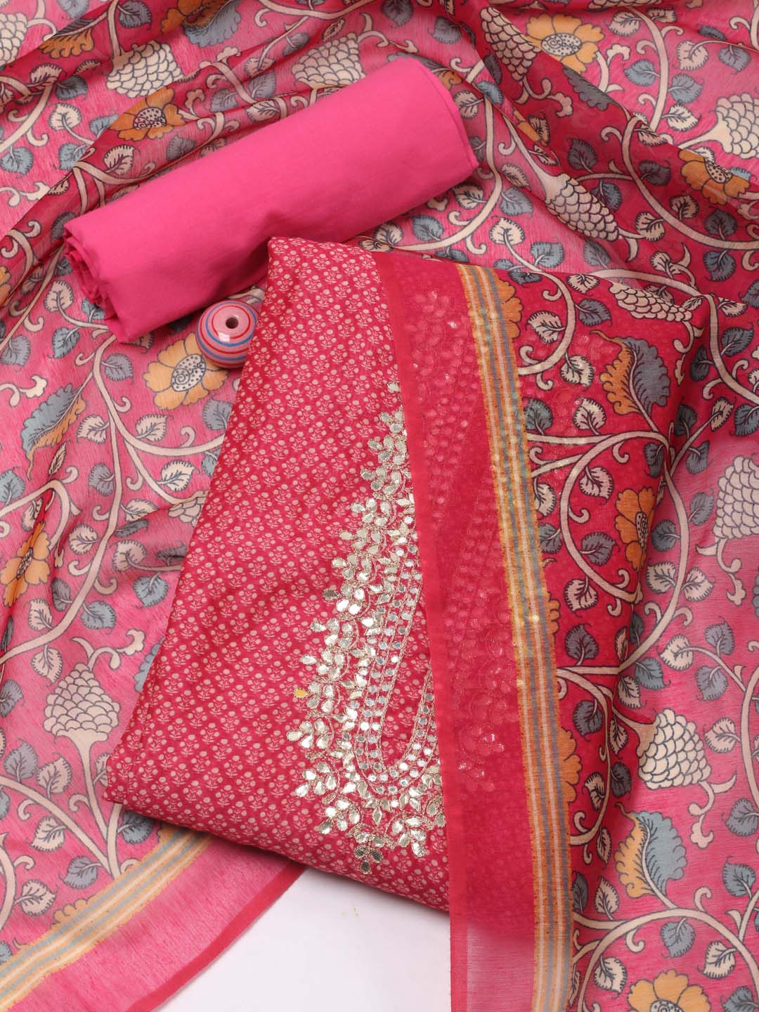 

Meena Bazaar Ethnic Motifs Printed Unstitched Dress Material, Pink