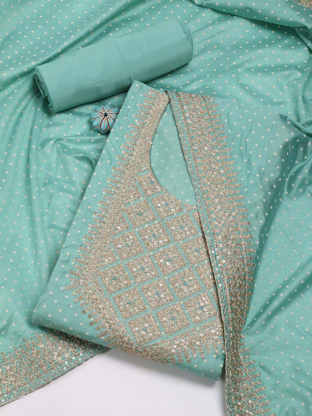 

Meena Bazaar Polka Dots Printed Unstitched Dress Material, Sea green