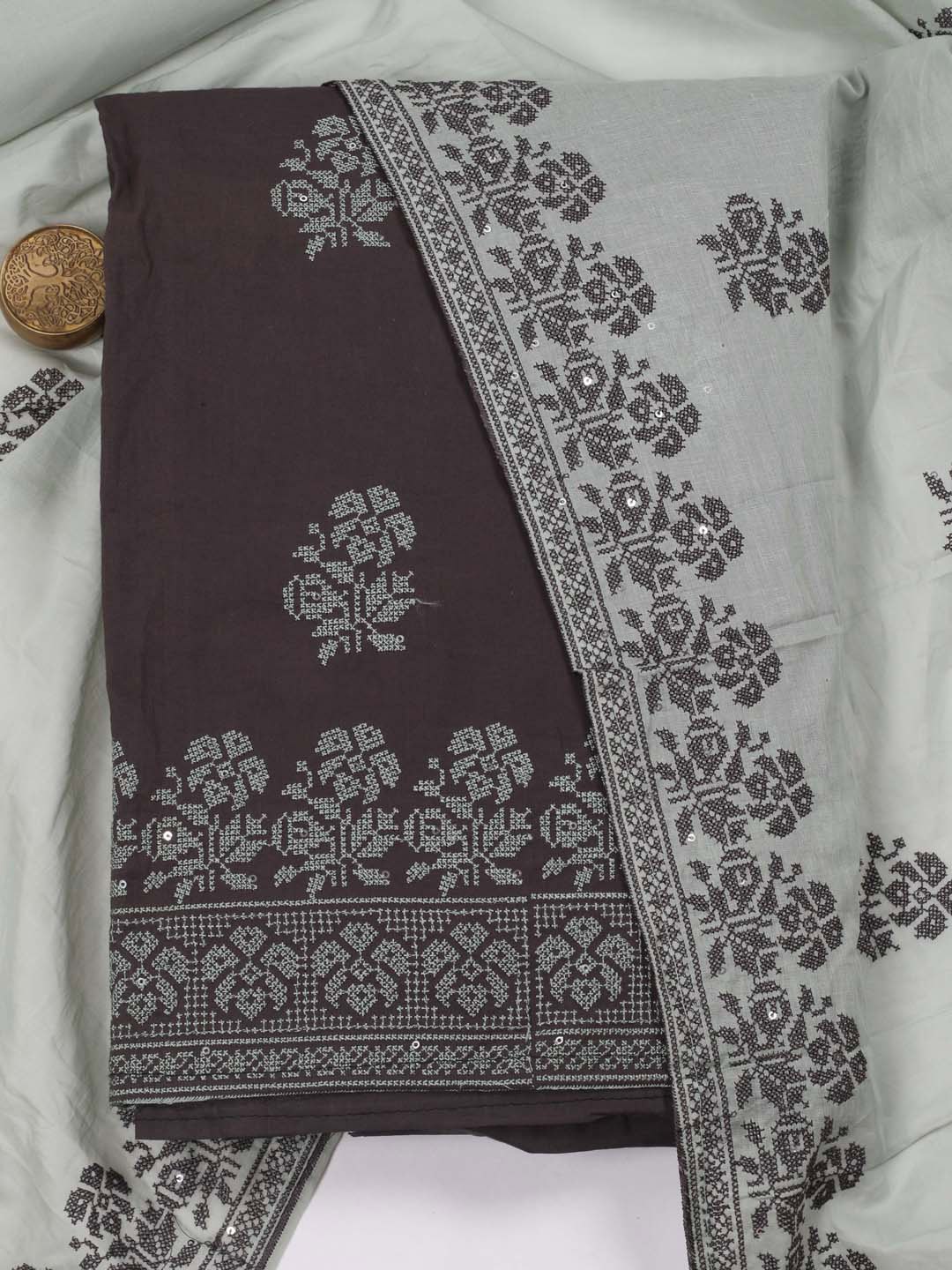 

Meena Bazaar Green Embroidered Unstitched Dress Material, Grey