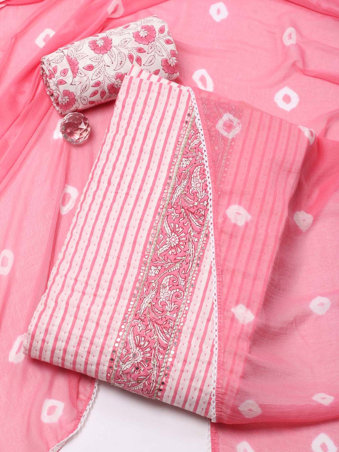 

Meena Bazaar Striped Unstitched Dress Material, Pink