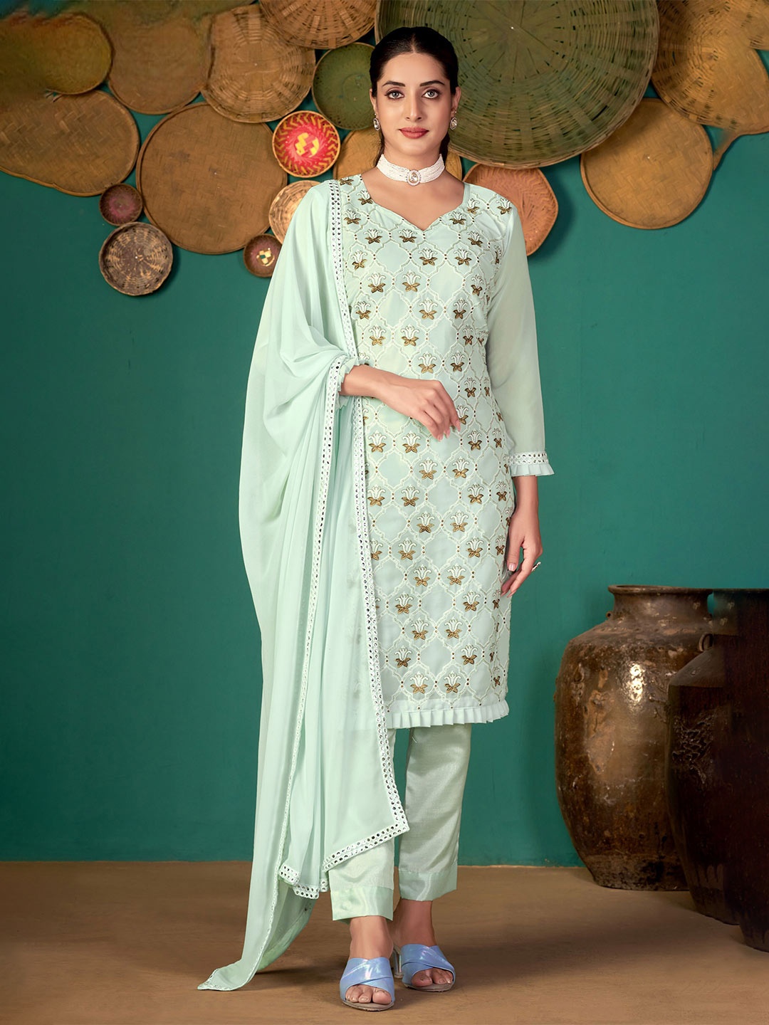

Panzora Ethnic Motifs Embroidered Unstitched Dress Material, Green