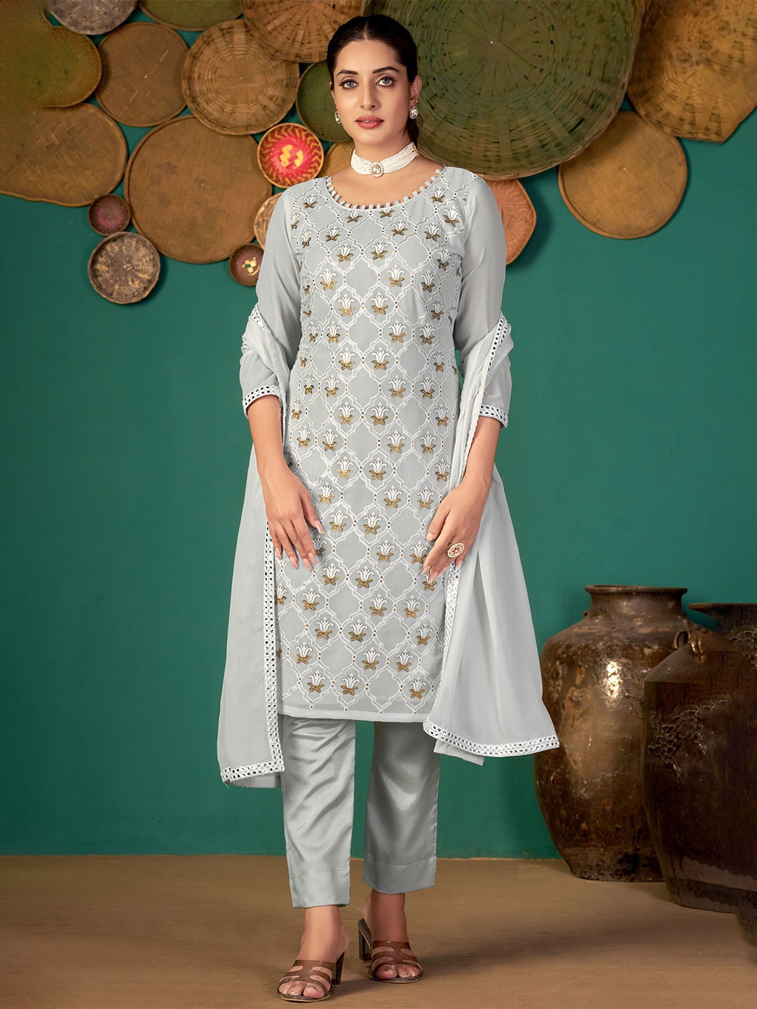Panzora Ethnic Motifs Embroidered Unstitched Dress Material, Grey