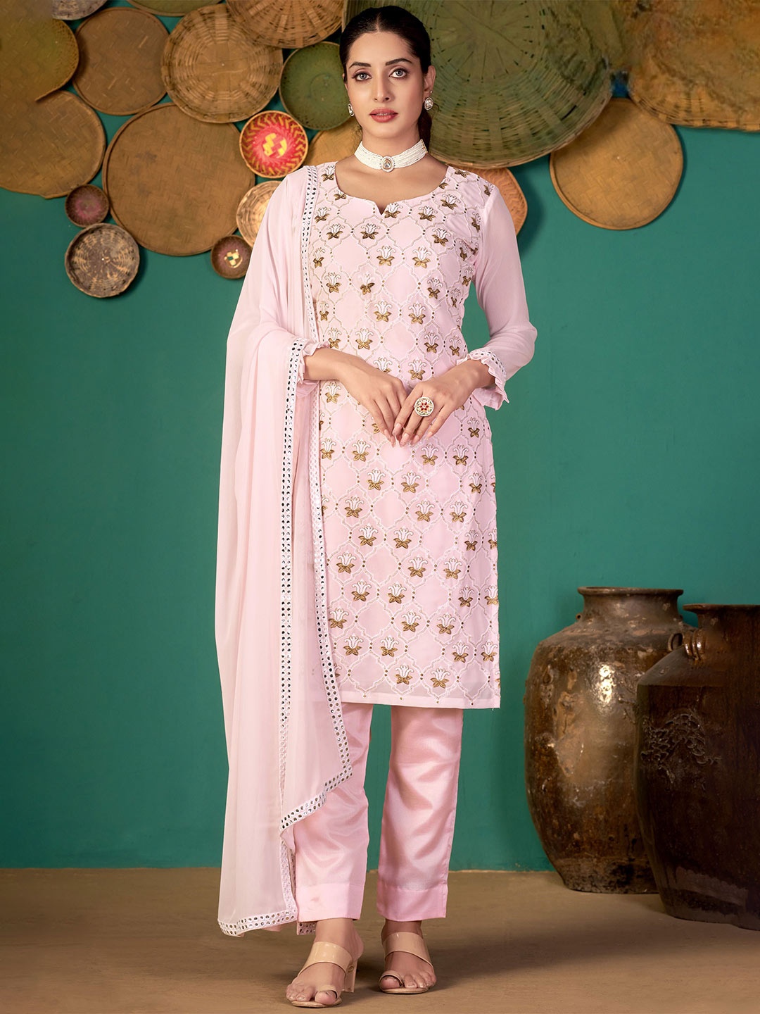 

Panzora Ethnic Motifs Embroidered Unstitched Dress Material, Pink