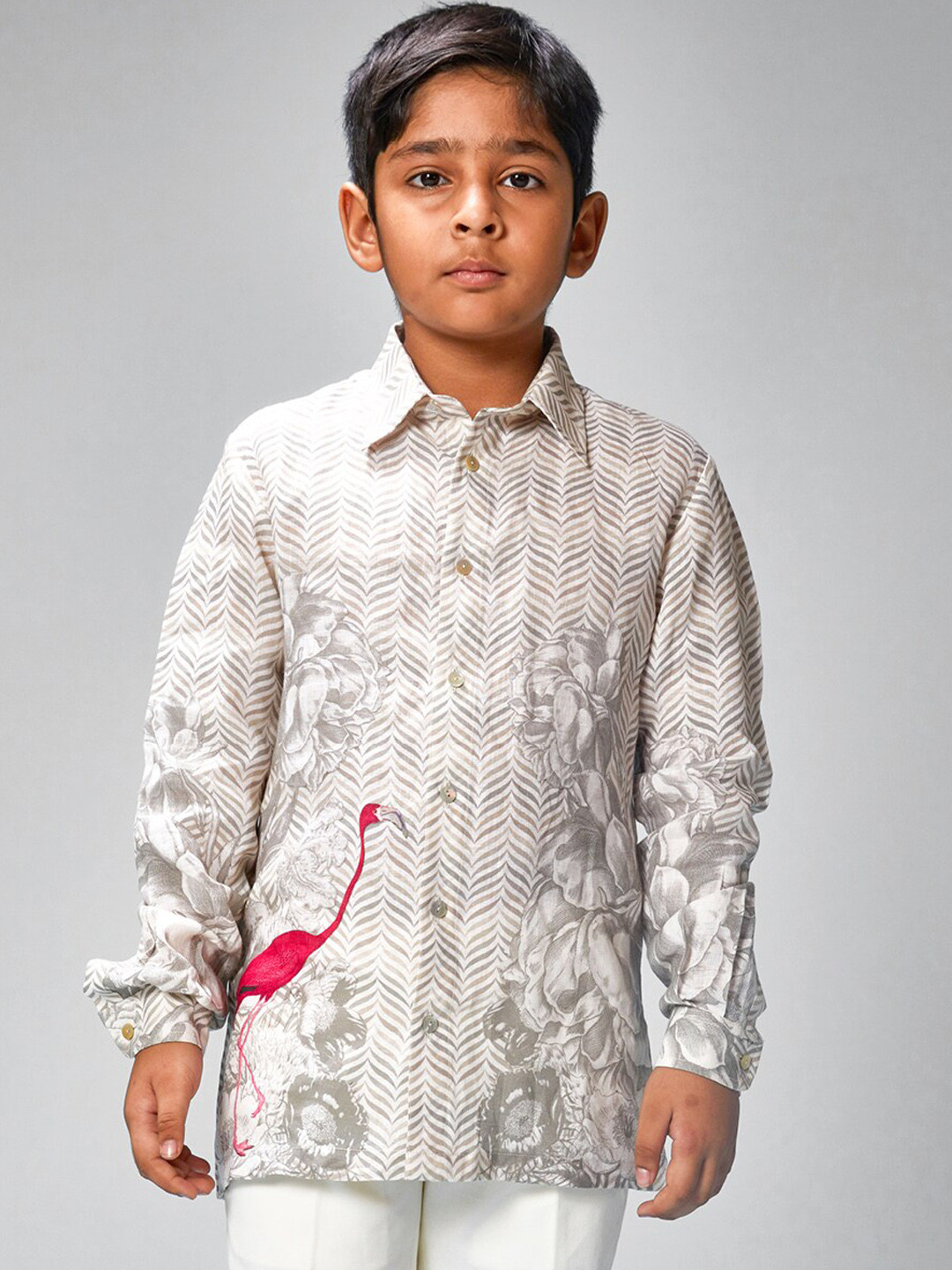 

BAL BACHCHE Boys Floral Printed Classic Casual Shirt, Off white