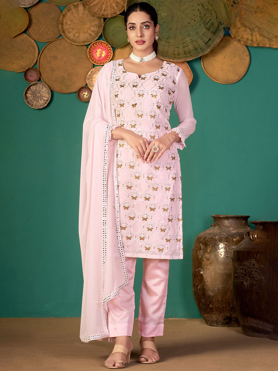

KALINI Floral Embroidered Mirror Work Unstitched Dress Material, Pink
