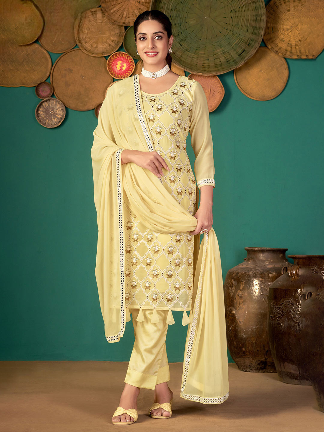 

KALINI Floral Embroidered Mirror Work Unstitched Dress Material, Yellow