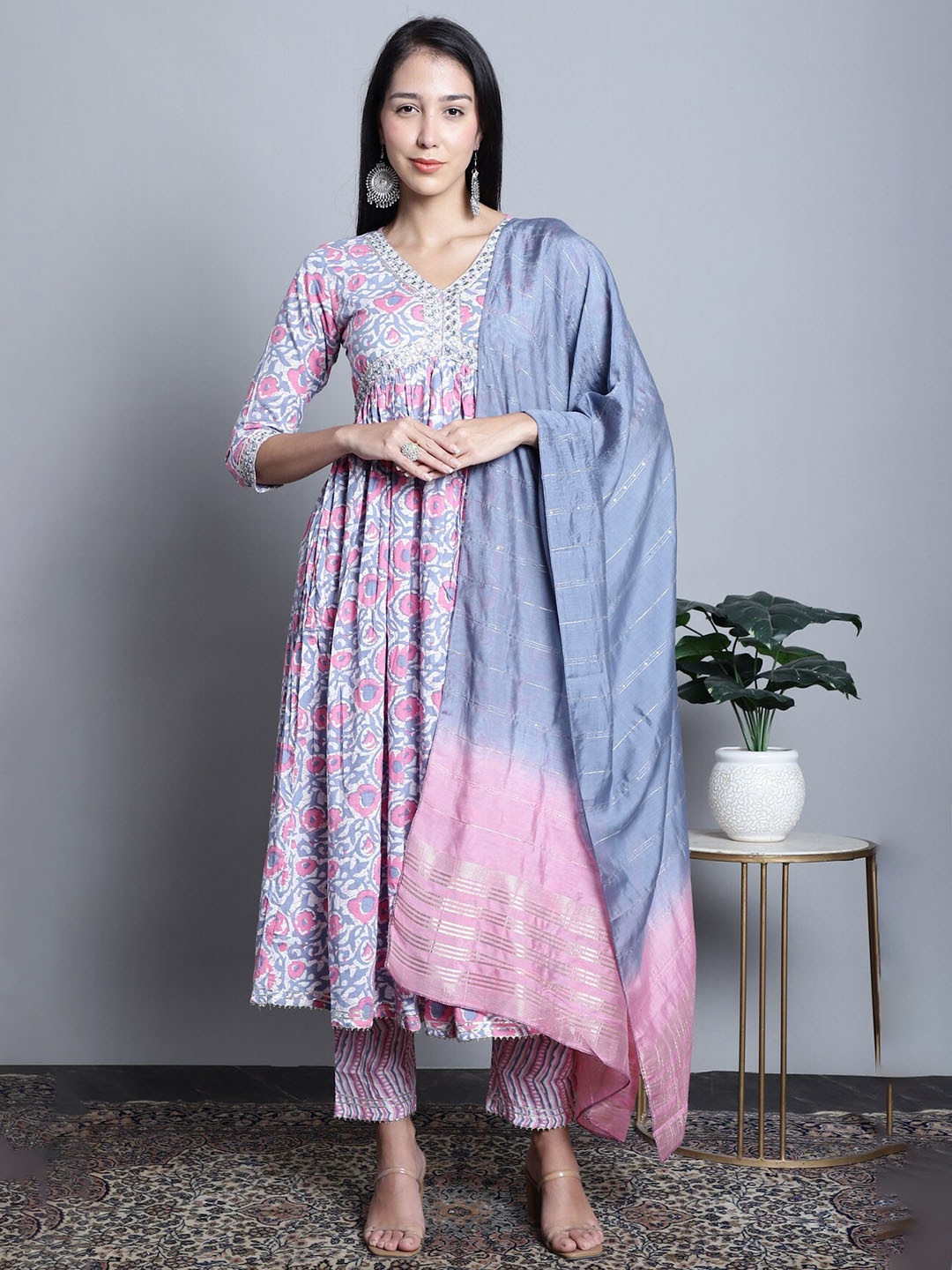 

Roly Poly Ethnic Motifs Printed Thread Work Pure Cotton Kurta With Trousers & Dupatta, Pink