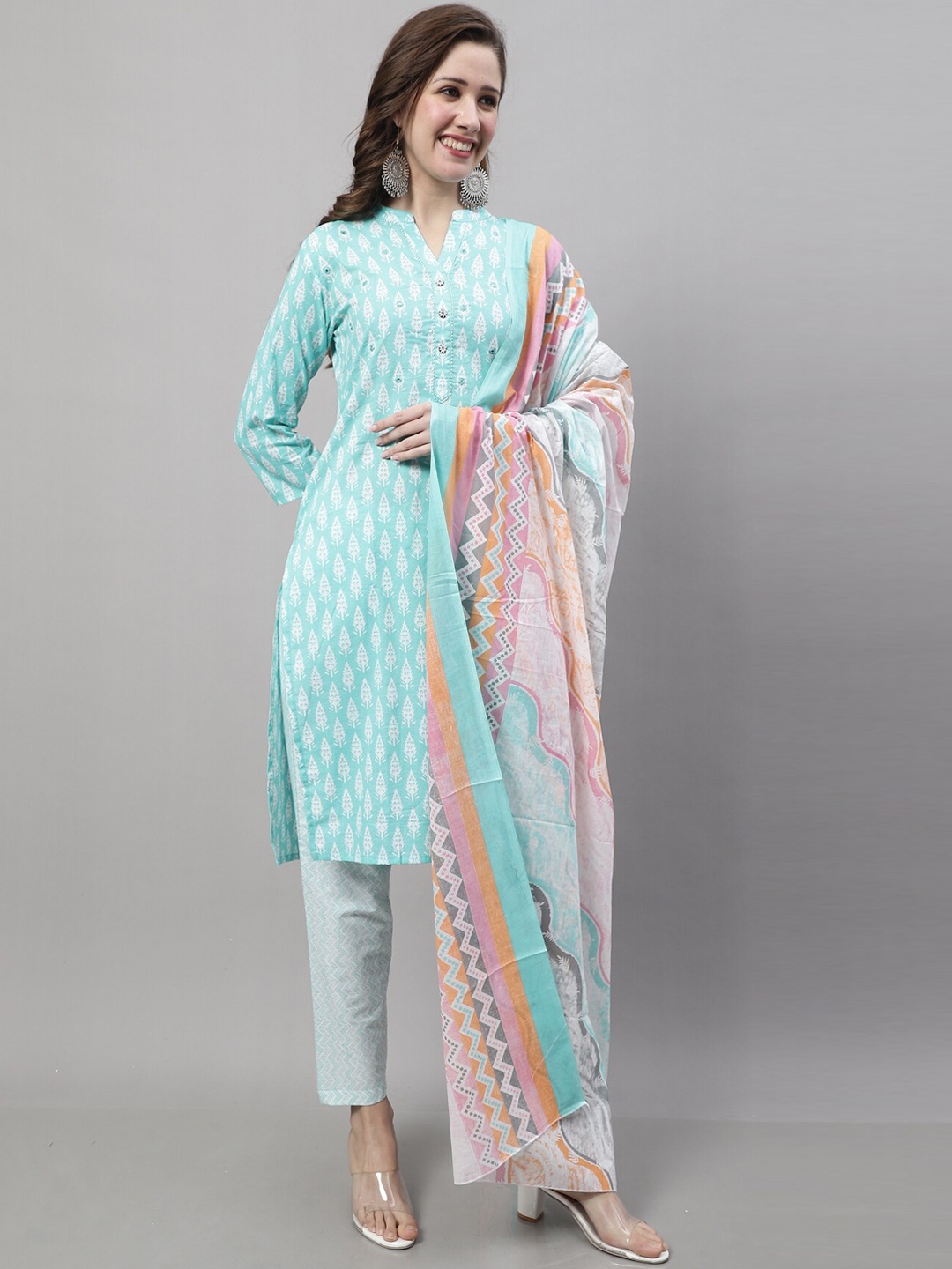 

Roly Poly Ethnic Motifs Embroidered Pure Cotton Kurta & Trousers With Dupatta, Turquoise blue