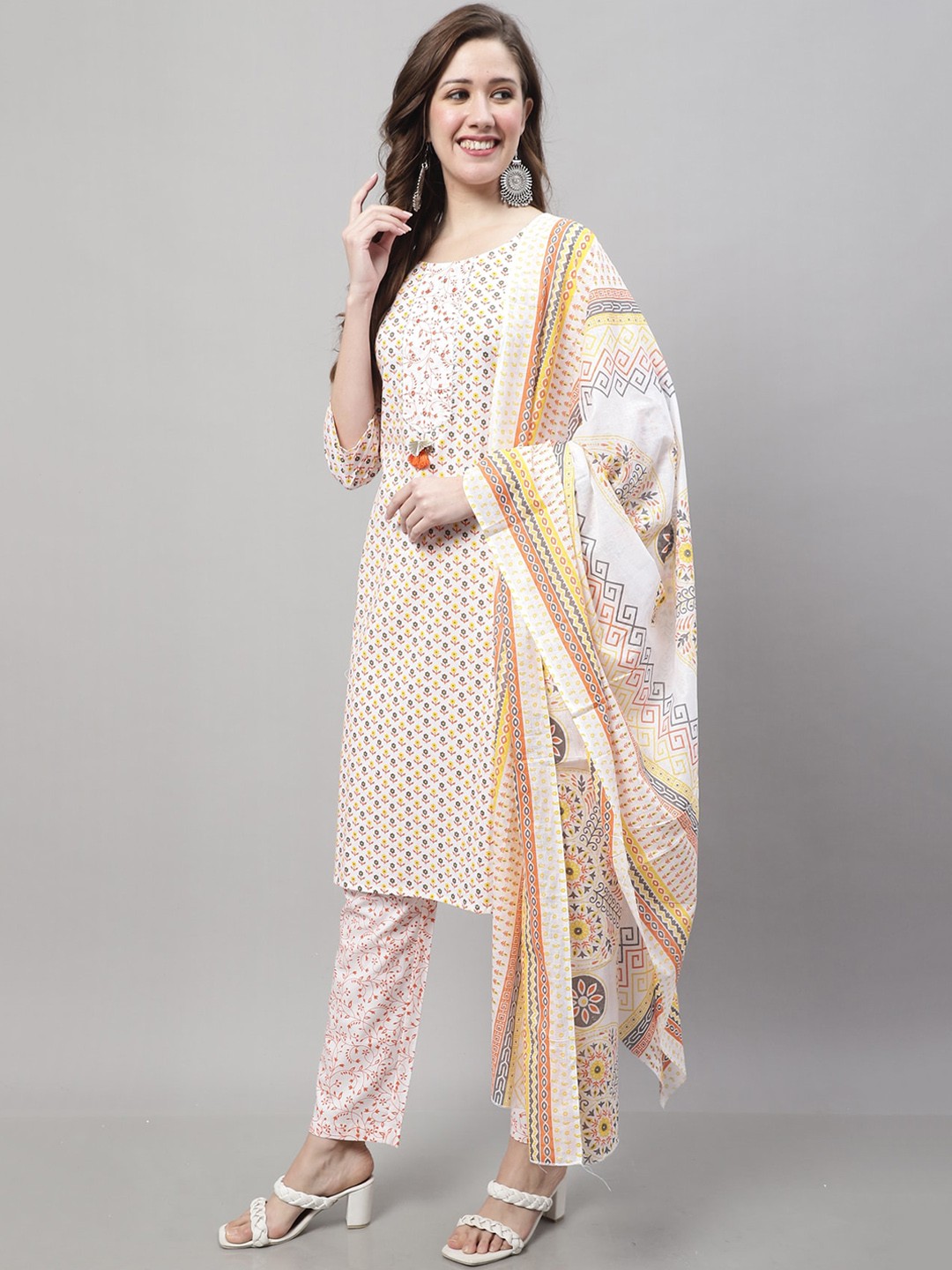 

Roly Poly Ethnic Motifs Printed Pure Cotton Kurta With Trousers & Dupatta, Off white