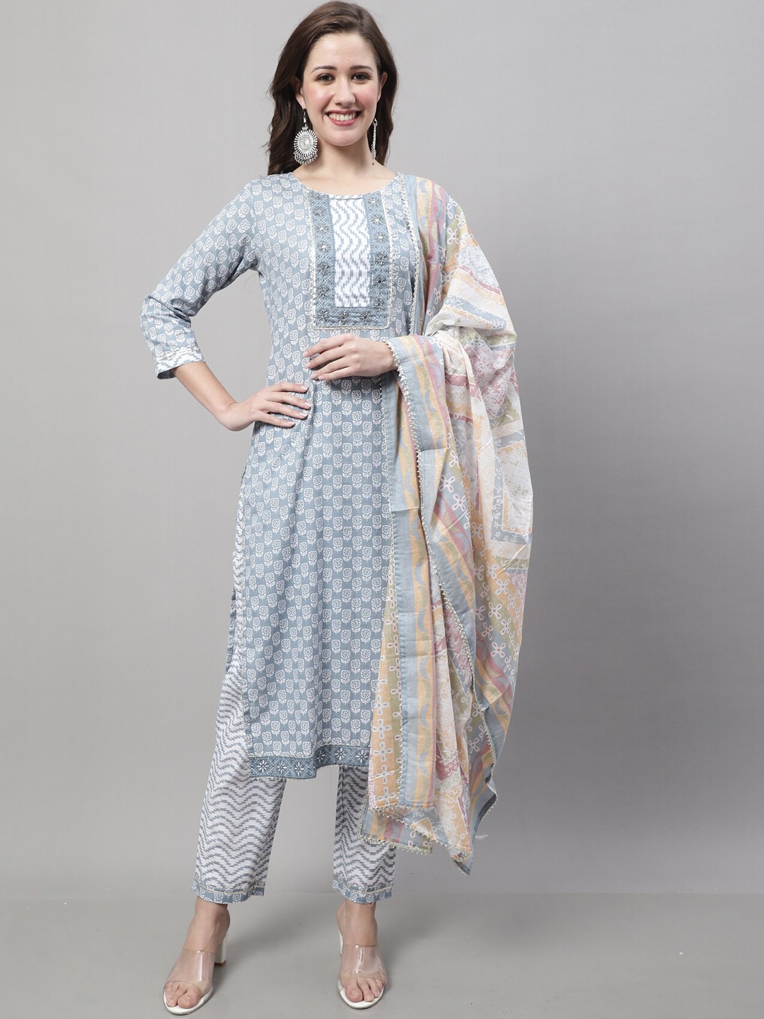 

Roly Poly Ethnic Motifs Printed Pure Cotton Kurta With Trousers & Dupatta, Grey