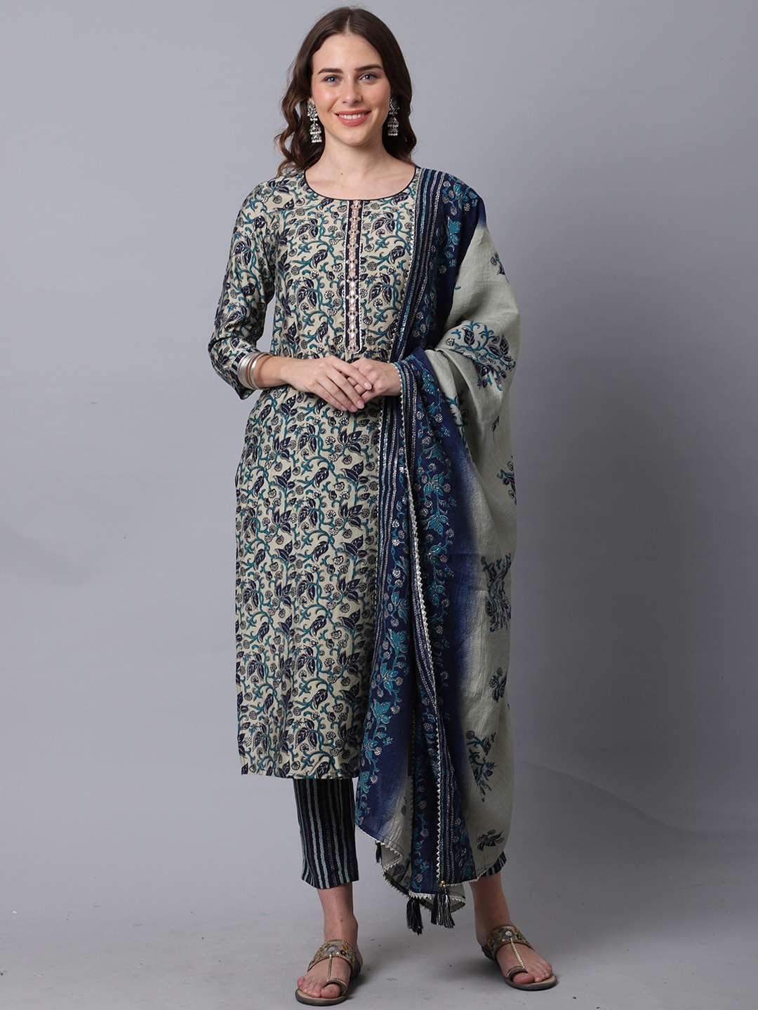 

Roly Poly Floral Printed Foil Gotta Patti Pure Cotton Kurta With Trousers & Dupatta, Blue