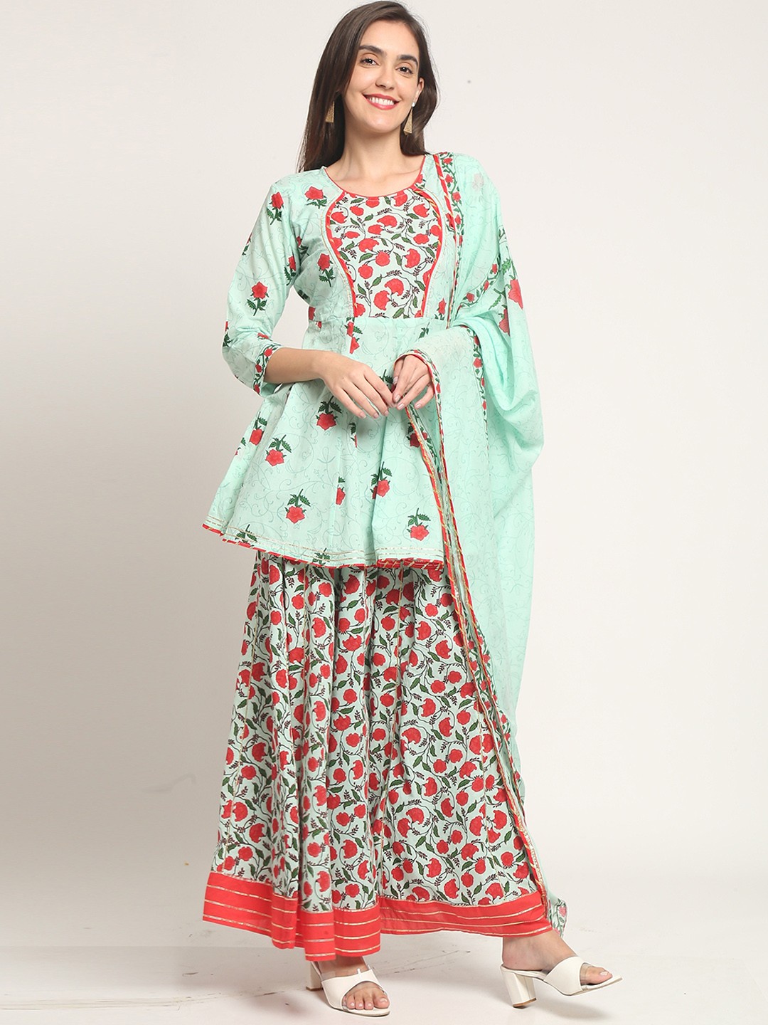 

Roly Poly Ethnic Motifs Printed Pure Cotton Kurti with Sharara & Dupatta, Sea green