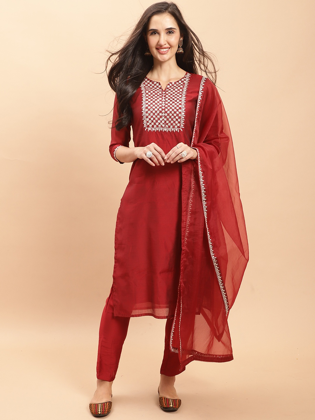 

Roly Poly Ethnic Motifs Yoke Design Thread Work Pure Cotton Kurta with Trousers & Dupatta, Maroon