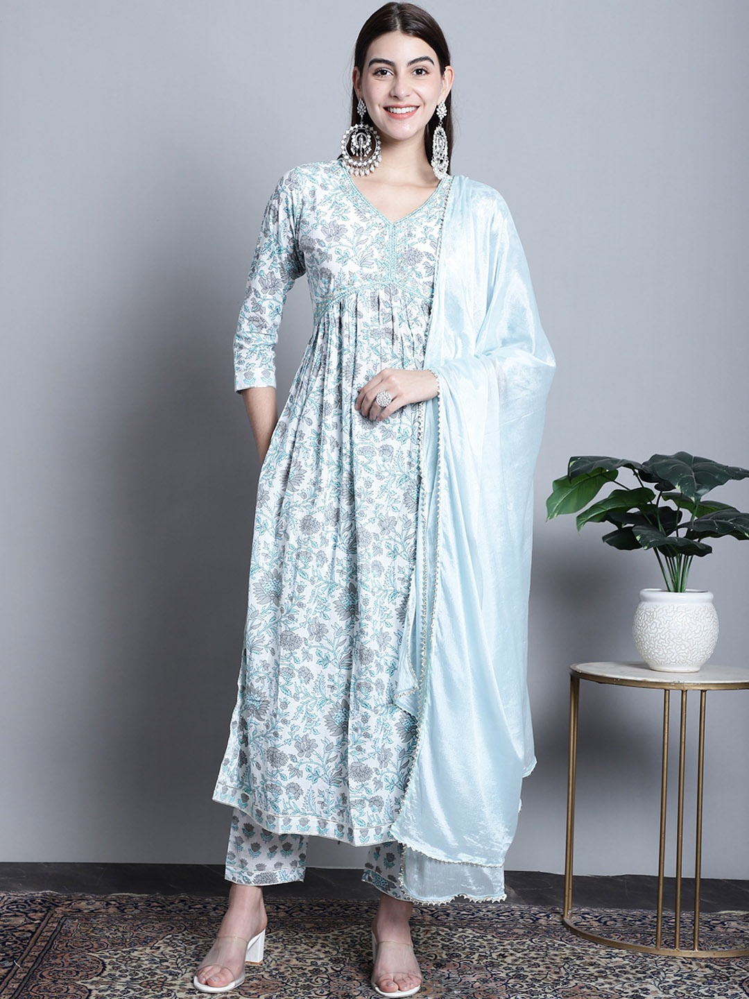 

Roly Poly Ethnic Motifs Printed Thread Work Pure Cotton Kurta With Trousers & Dupatta, White