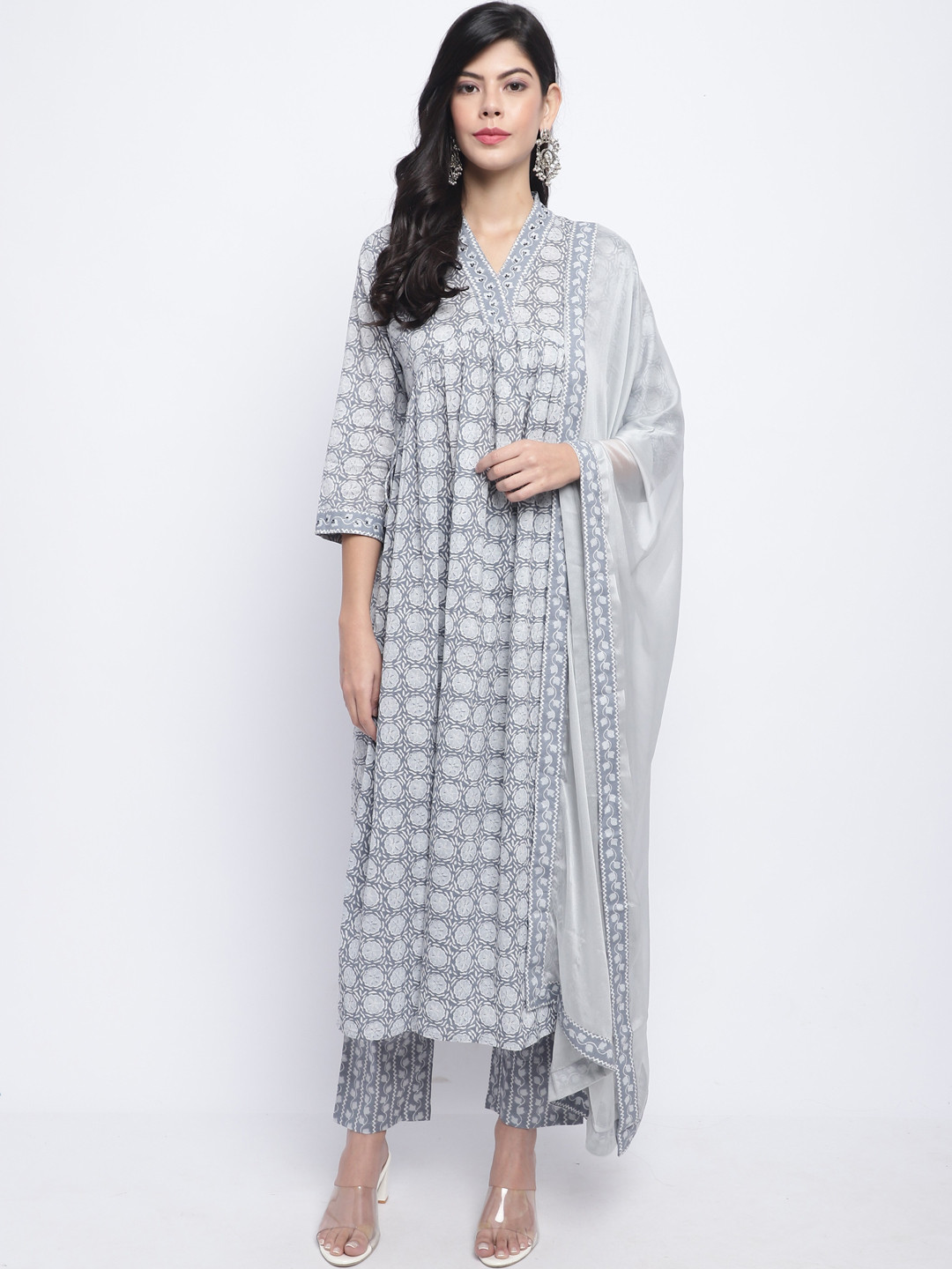

Roly Poly Ethnic Motifs Printed V-Neck Pure Cotton Kurta with Trousers & Dupatta, Grey