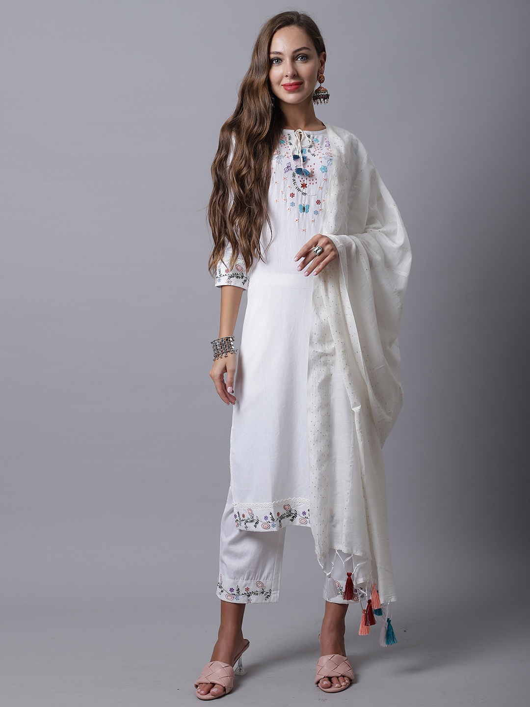 

Roly Poly Embroidered Tie Up Neck Thread Work Pure Cotton Kurta with Trousers & Dupatta, White