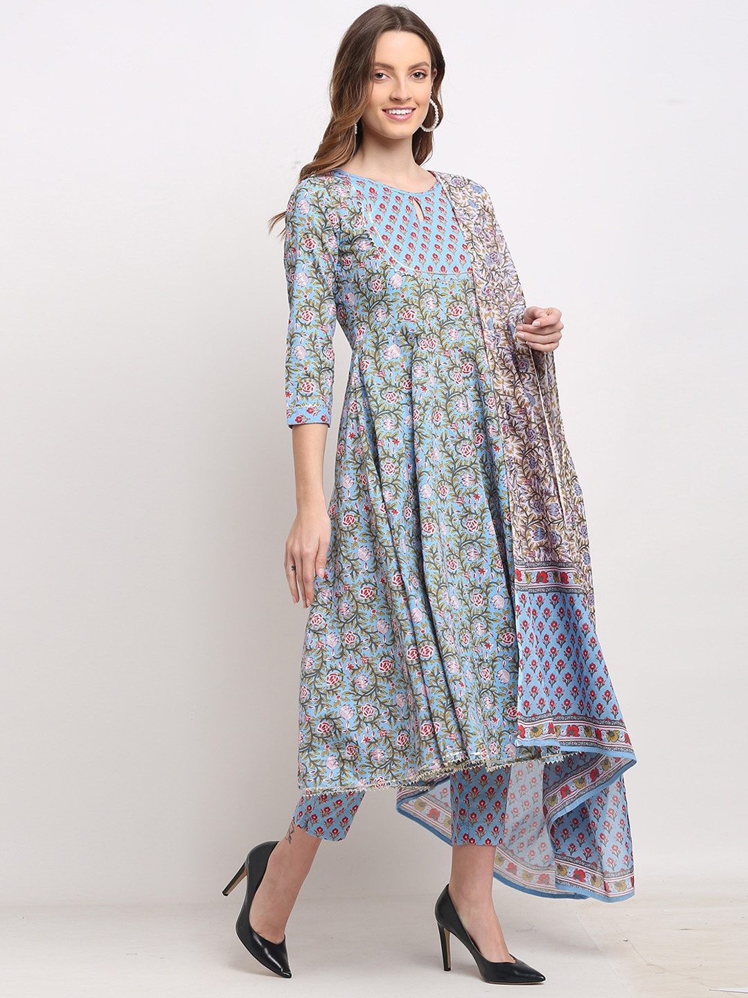 

Roly Poly Floral Printed Keyhole Neck Anarkali Pure Cotton Kurta With Trousers & Dupatta, Blue